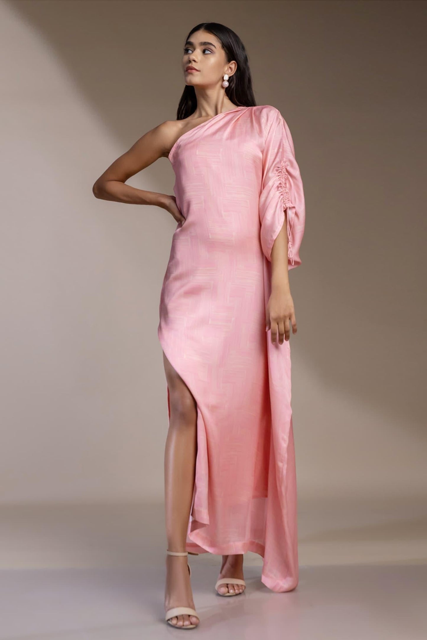 Pink Satin, Georgette One Shoulder Santorini Kaftan Dress - Designer Kurta Set