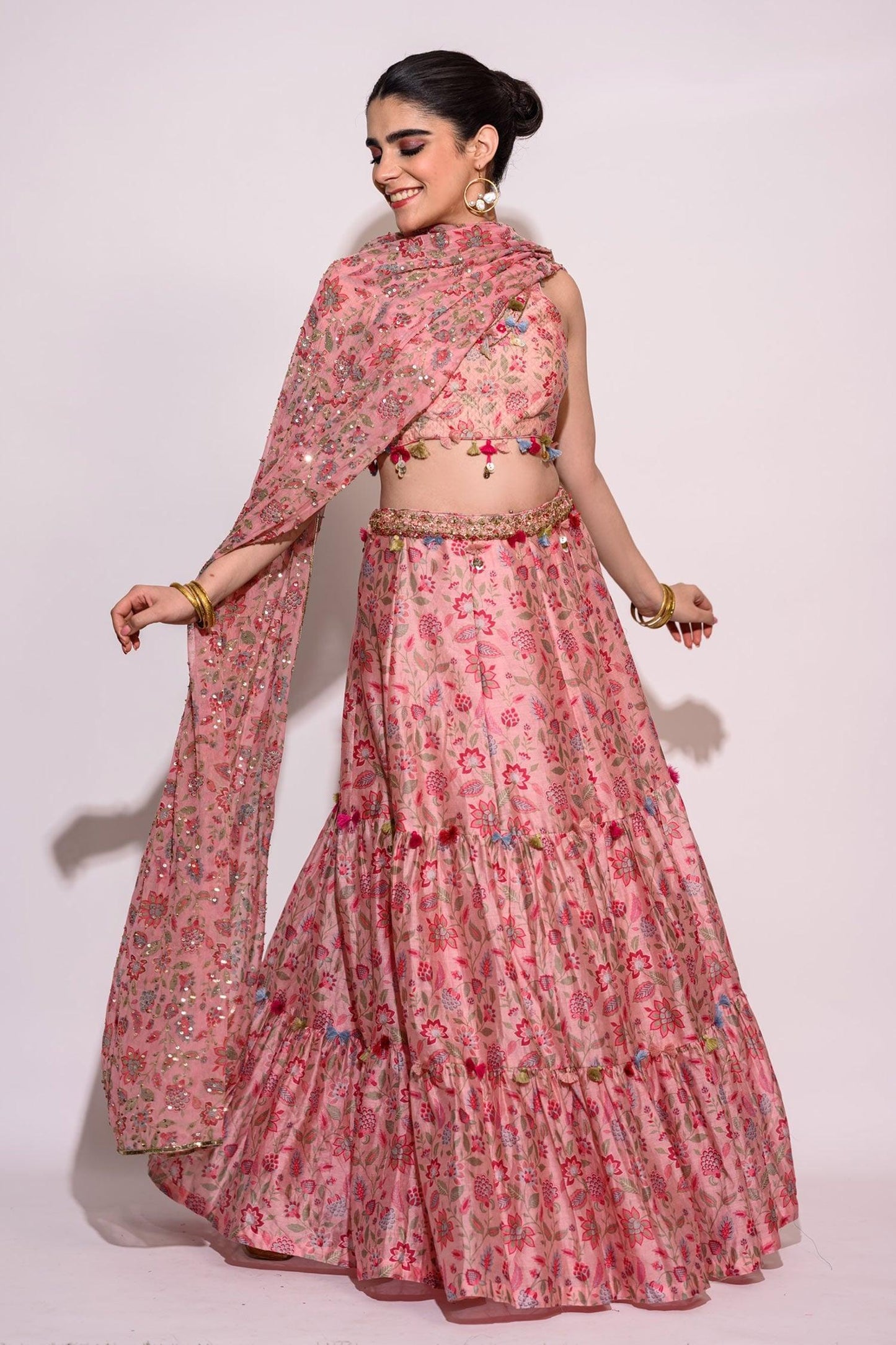 Pink Silk And Chiffon Quilting & Embroidery Thread Work & Floral Print Lehenga Set - Designer Kurta Set
