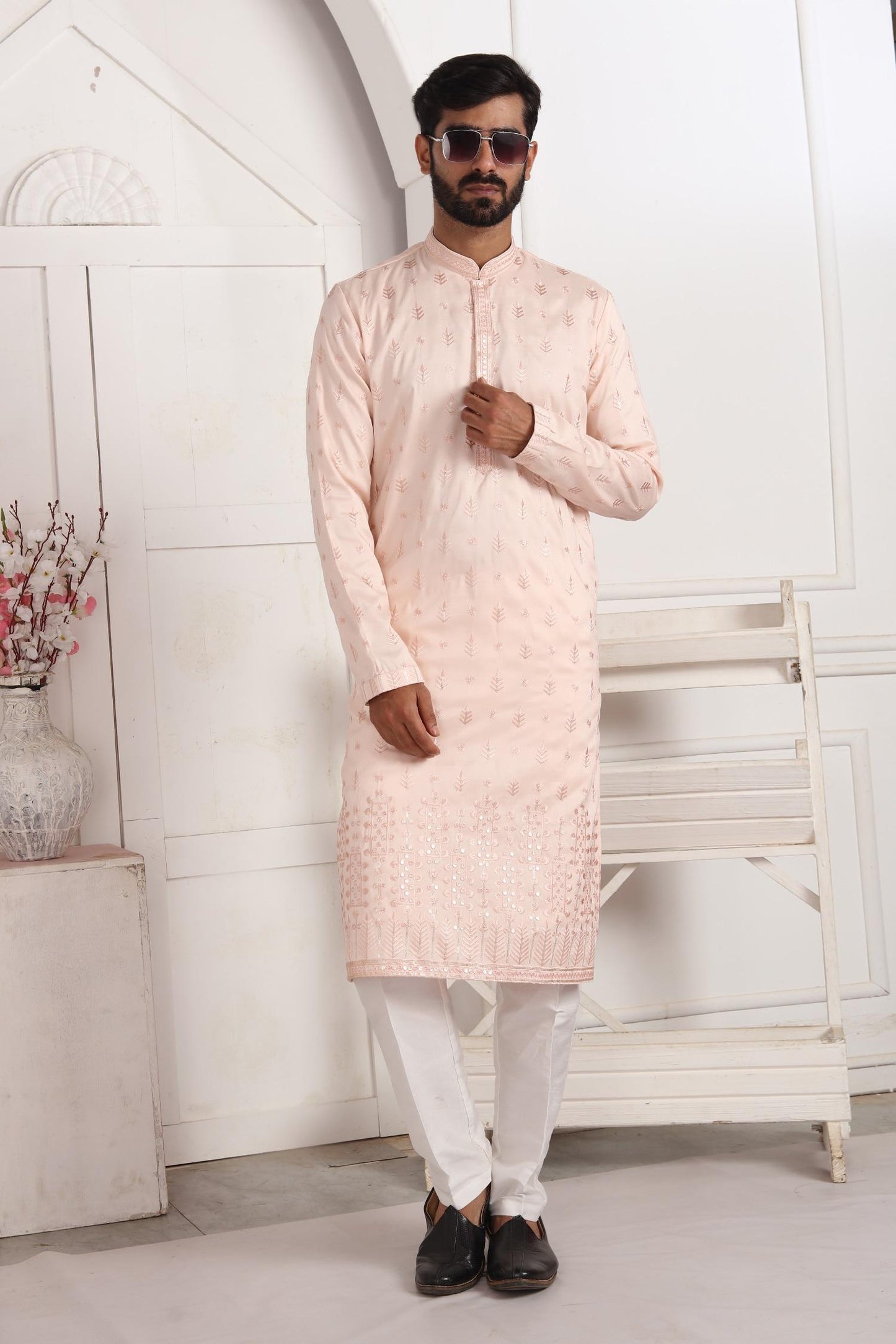 Kurta And Aligadhi Pant Set Pink Silk Embroidery Straight