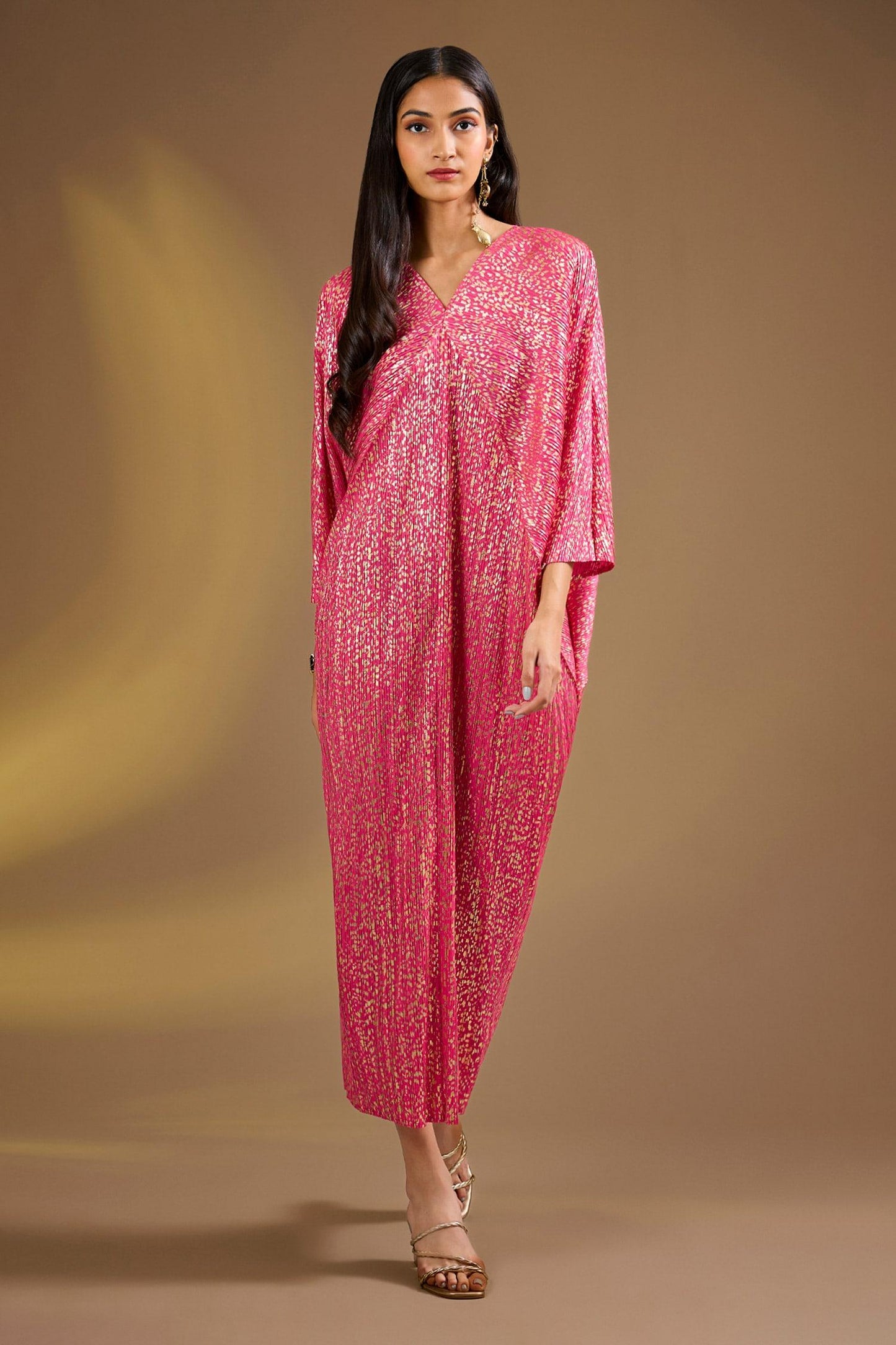 Pink Silk V-neck Hot Metallic Gold Aurora Kaftan - Designer Kurta Set