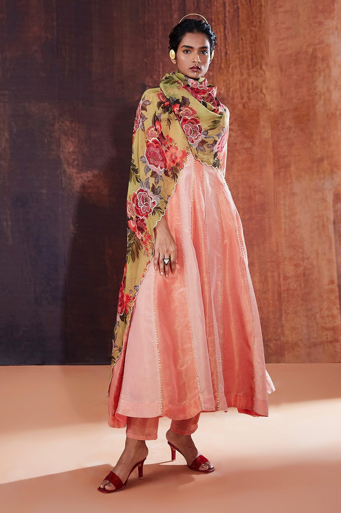 Pink Tissue, Silk Beads, Sequins, Embroidery Floral Neckline Anarkali Set - Designer Kurta Set