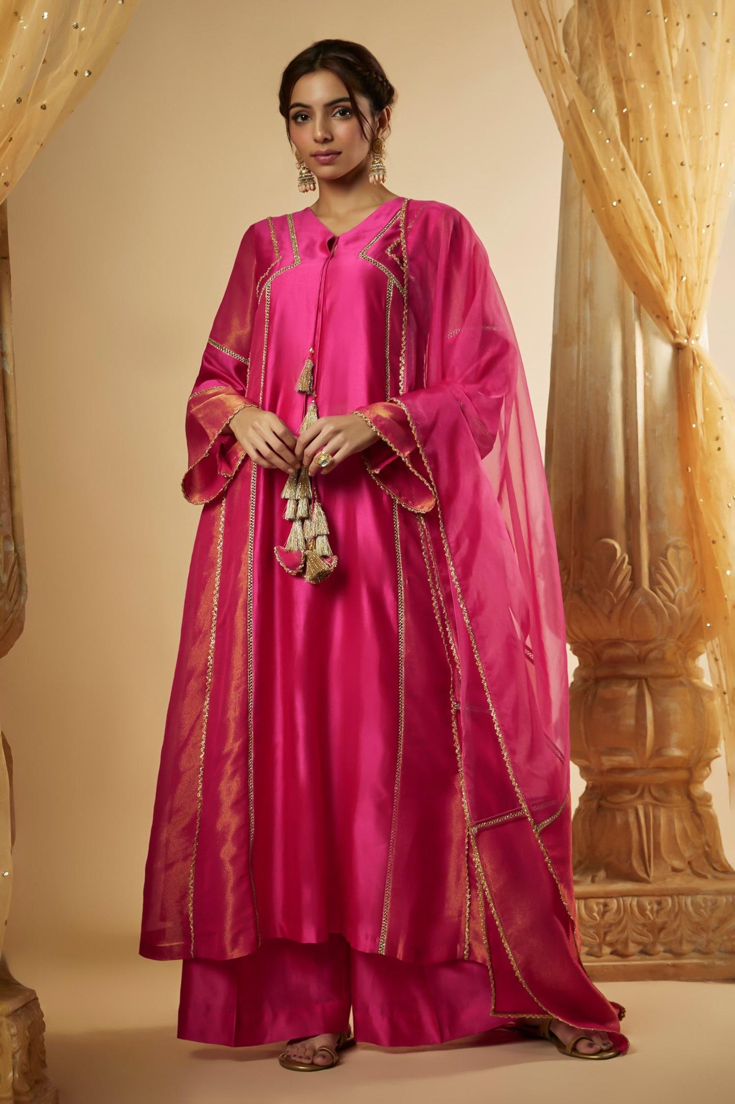 Pink Viscose, Chanderi Silk, Organza, Embellished Anarkali And Palazzo Set - Designer Kurta Set