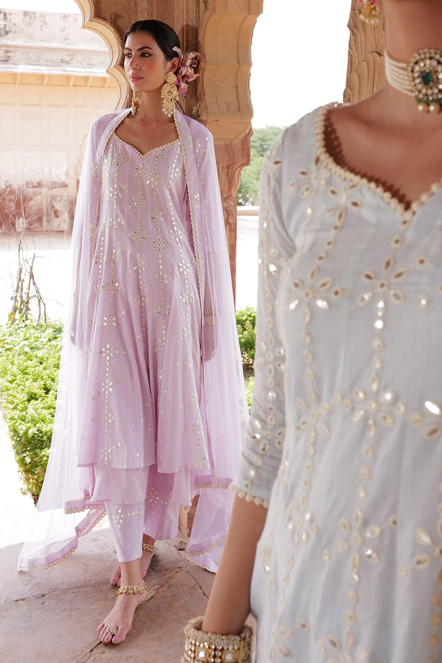 Purple Cotton, Tulle, Net Mirrors, Embroidery V-neck Tiered Anarkali Pant Set - Designer Kurta Set