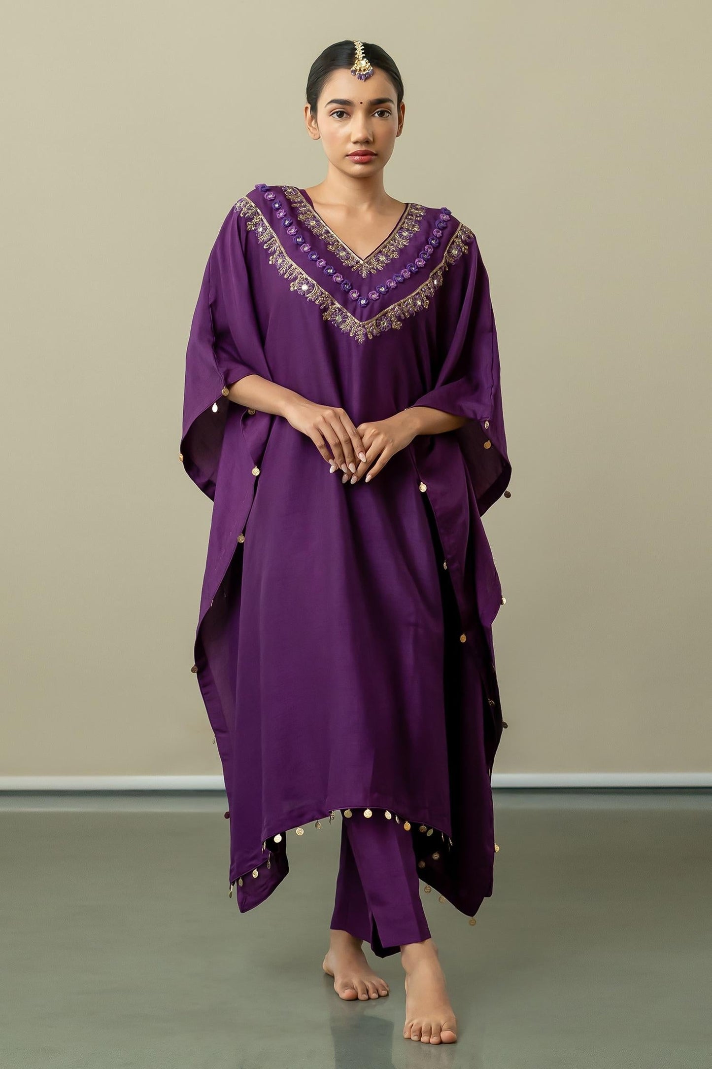 Purple Dupion Silk Embroidery Blossom Fleur Elegance Yoke Kaftan With Trouser - Designer Kurta Set