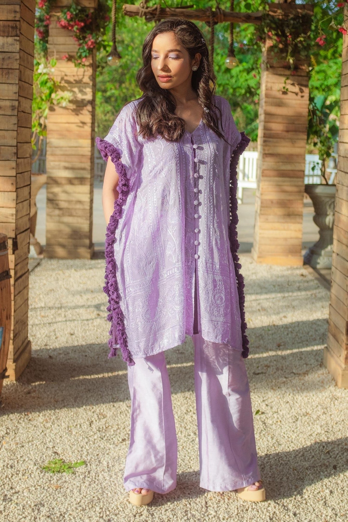 Purple Georgette Tassels V-neck V Kaftan And Pant Set - Designer Kurta Set
