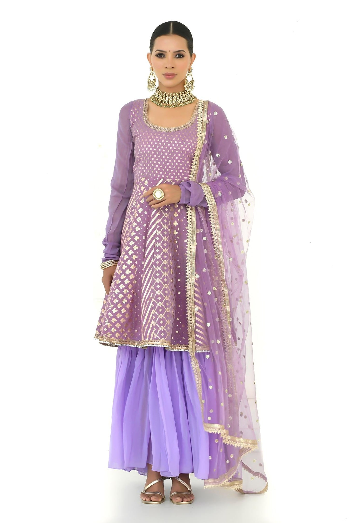 Purple Net, Chanderi, Georgette Embroidery, Floral Pattern Anarkali With Dupatta - Designer Kurta Set