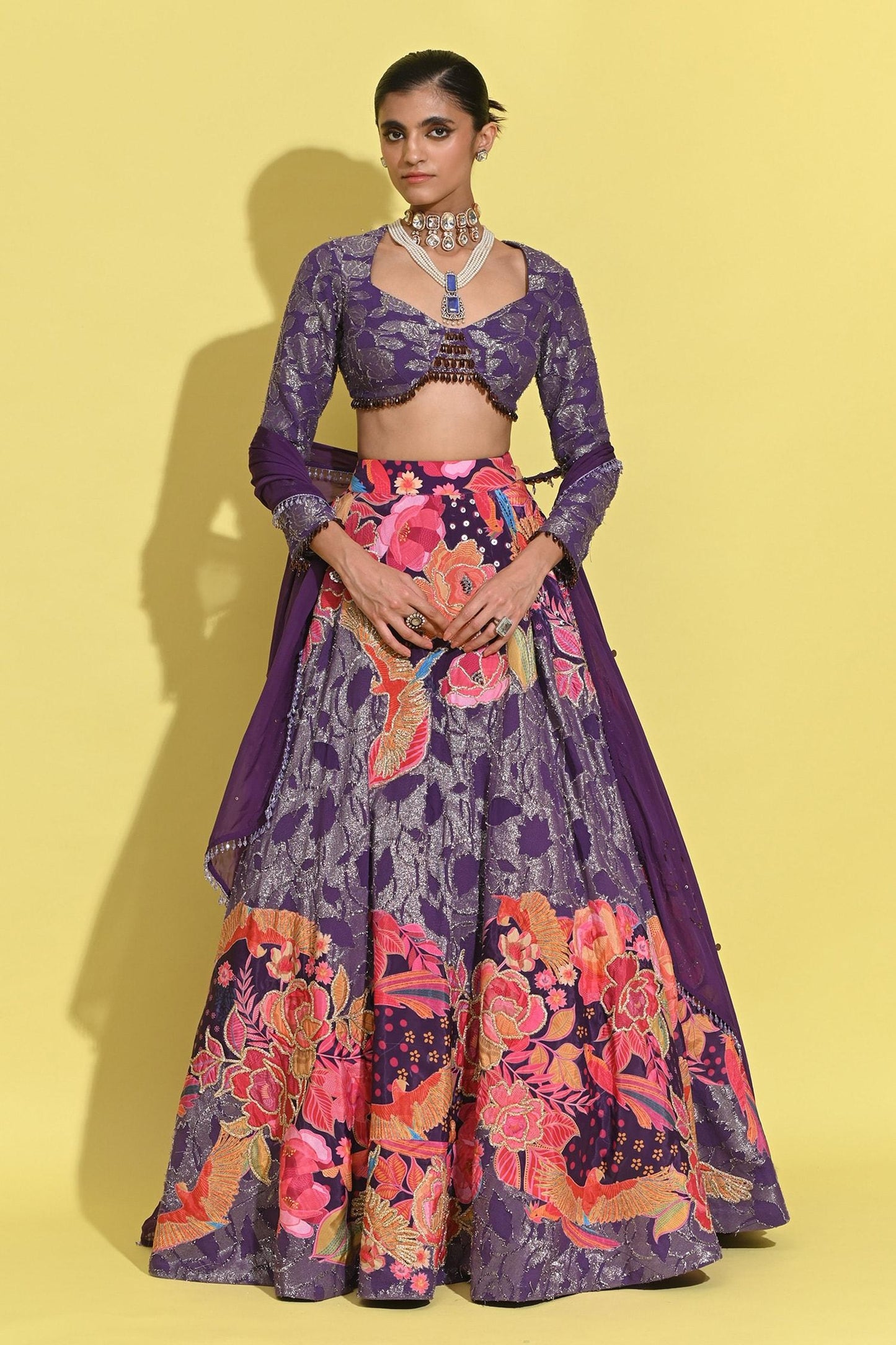 Purple Organza, Georgette Sequins, Tassels, Fringe, Bloom Print And Lehenga Set - Designer Kurta Set