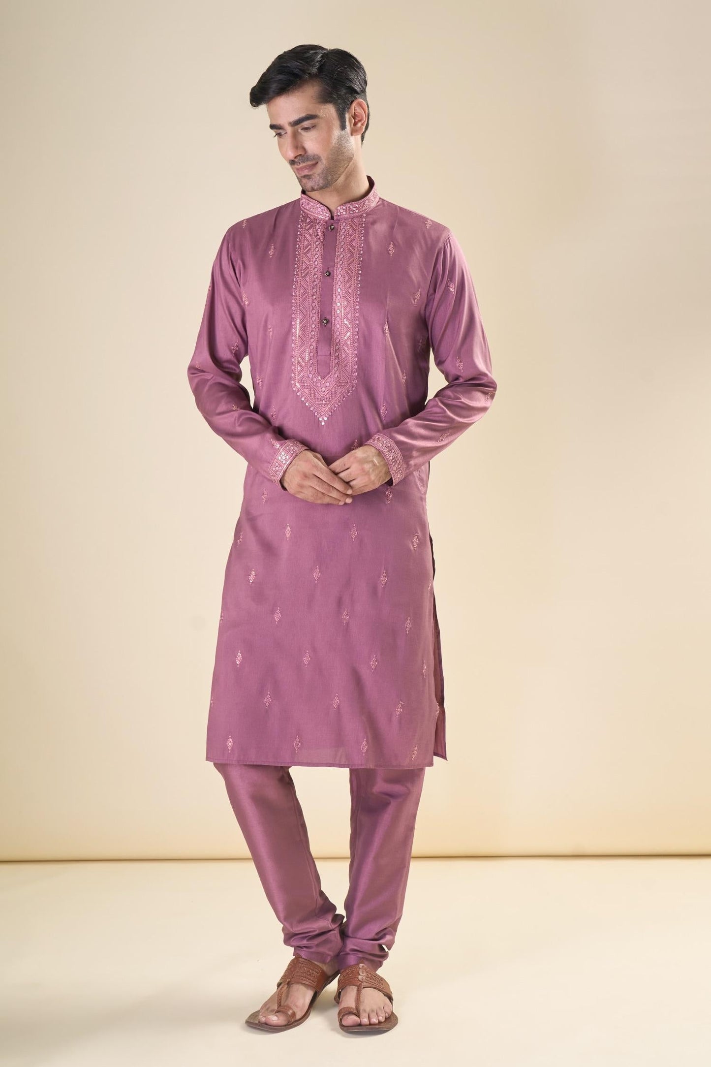 Kurta With Pyjama Purple Satin Sequins Embroidery Straight