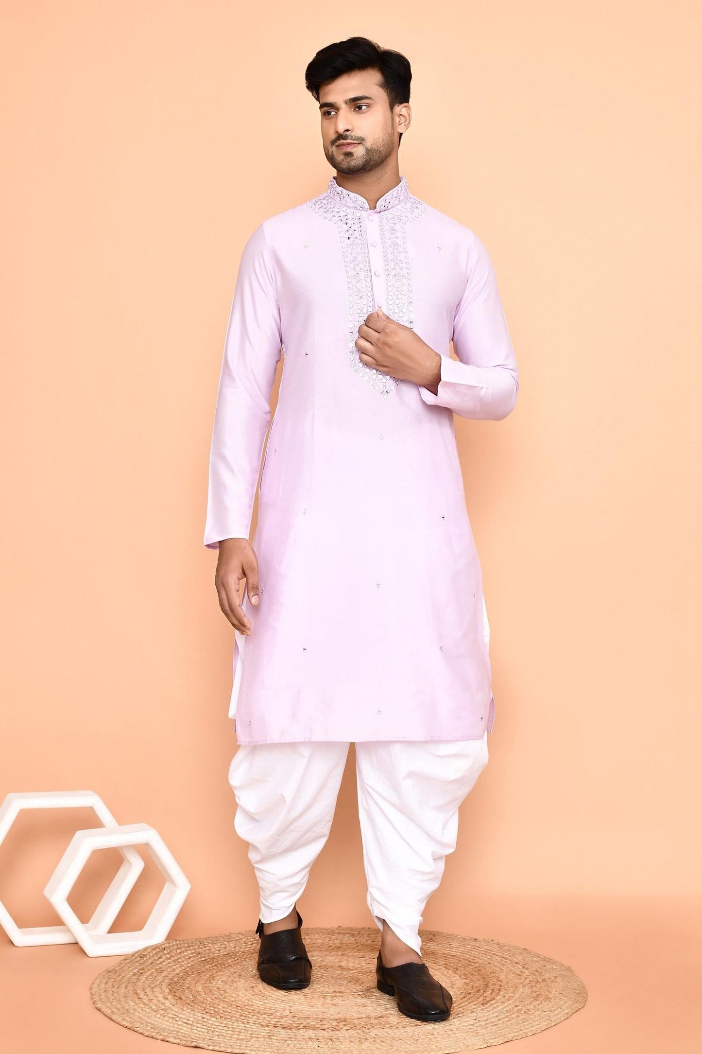 Kurta With Patiyala Purple Silk Cotton Mirrors Embroidery Thread