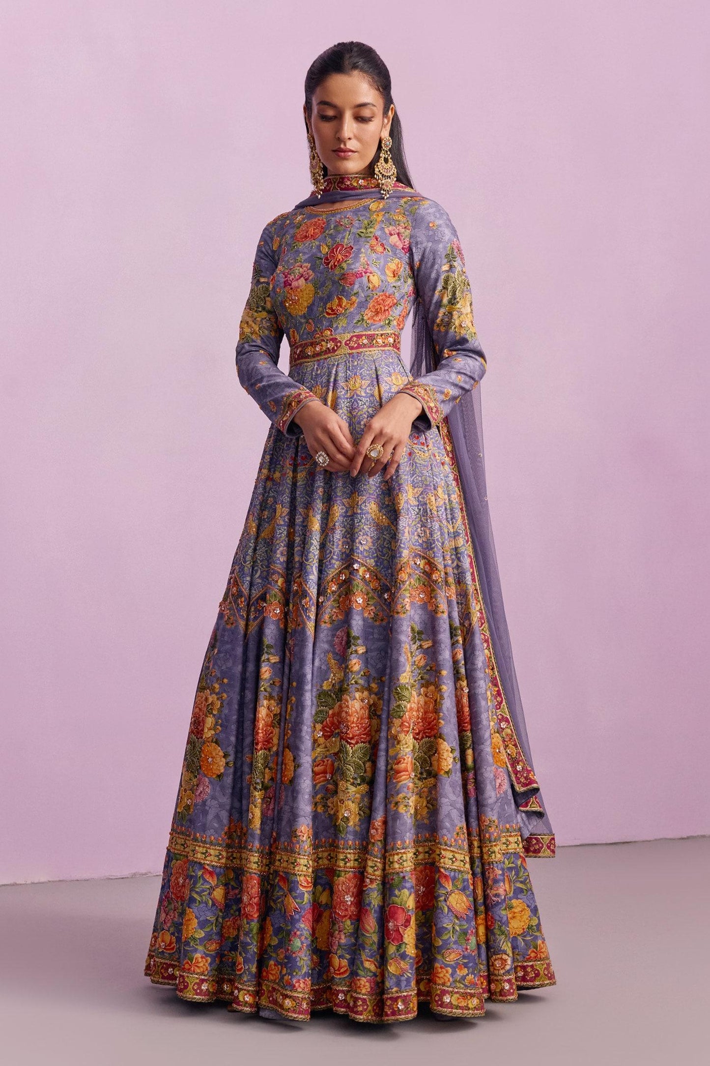 Purple Tulle, Viscose Tahira Guldasta Print Embellished Anarkali With Dupatta - Designer Kurta Set