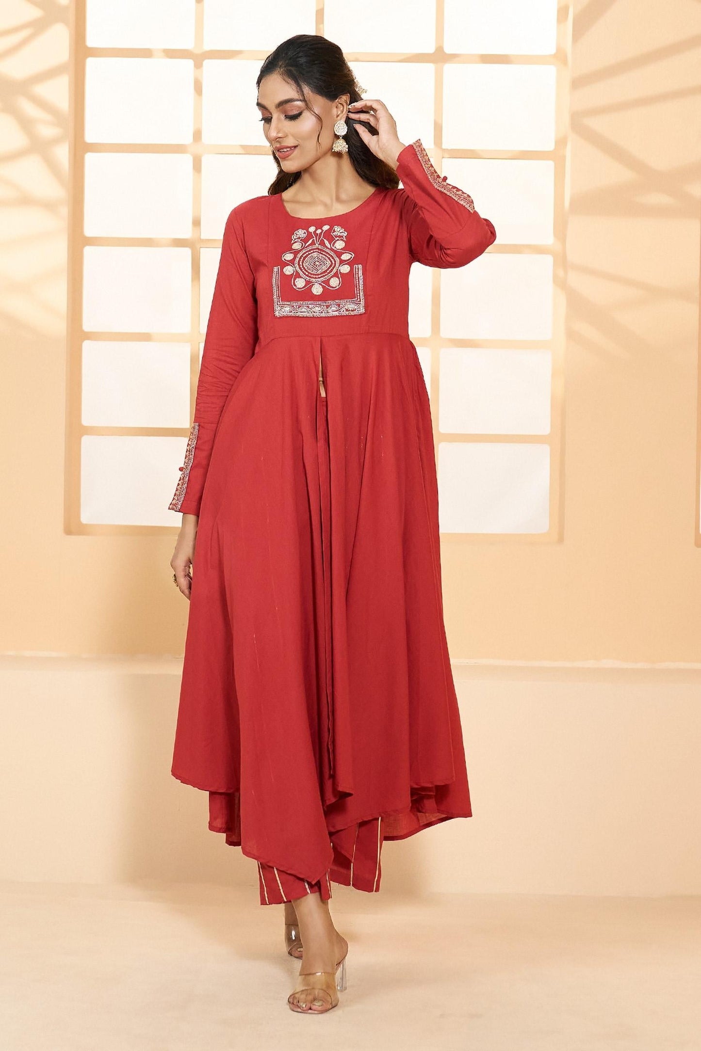 Red Cotton, Chiffon Embroidery Round Asymmetric Placement Anarkali Pant Set - Designer Kurta Set