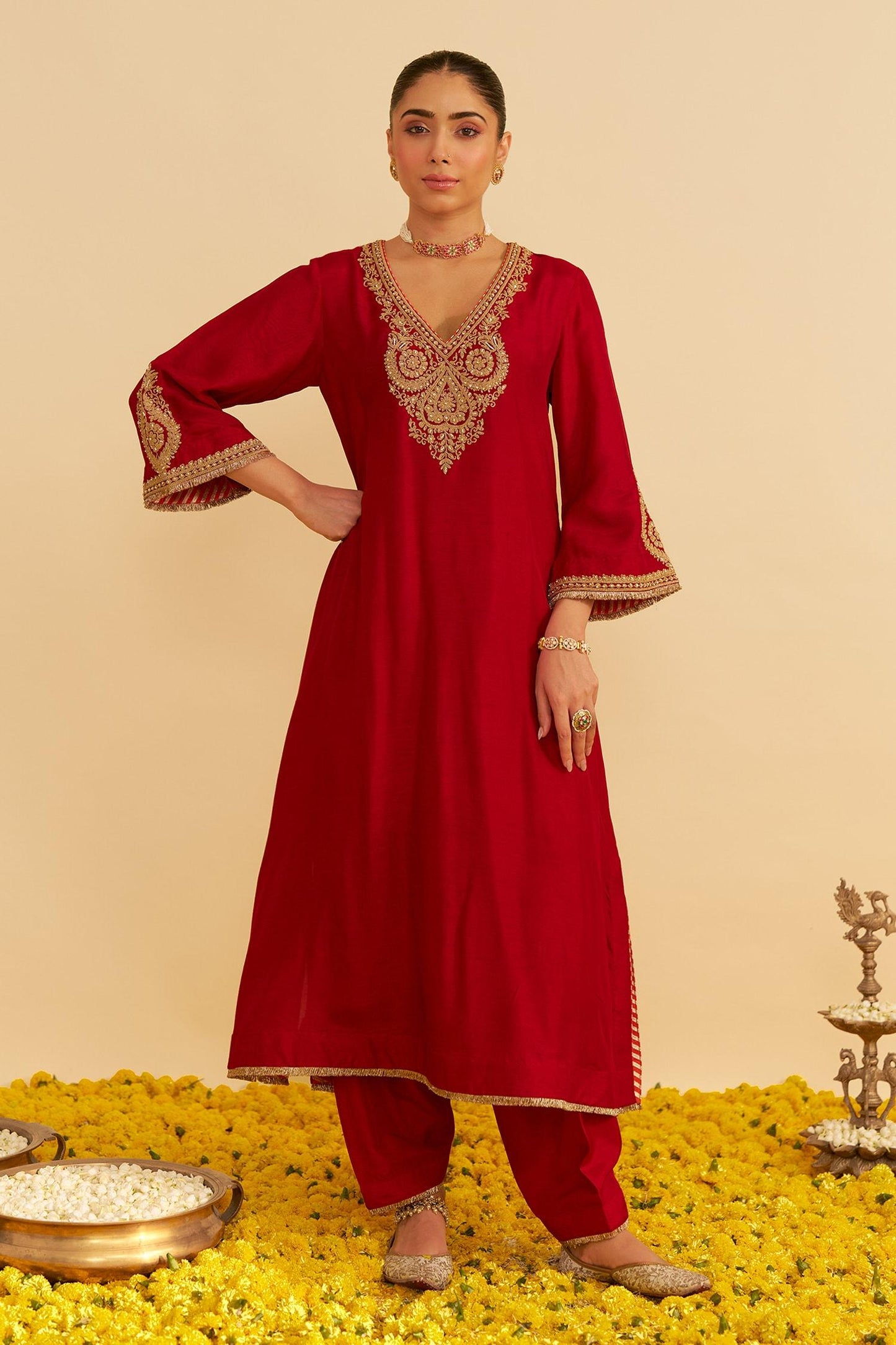 Red Embroidery Round Neck Haayat Kaftan Set - Designer Kurta Set