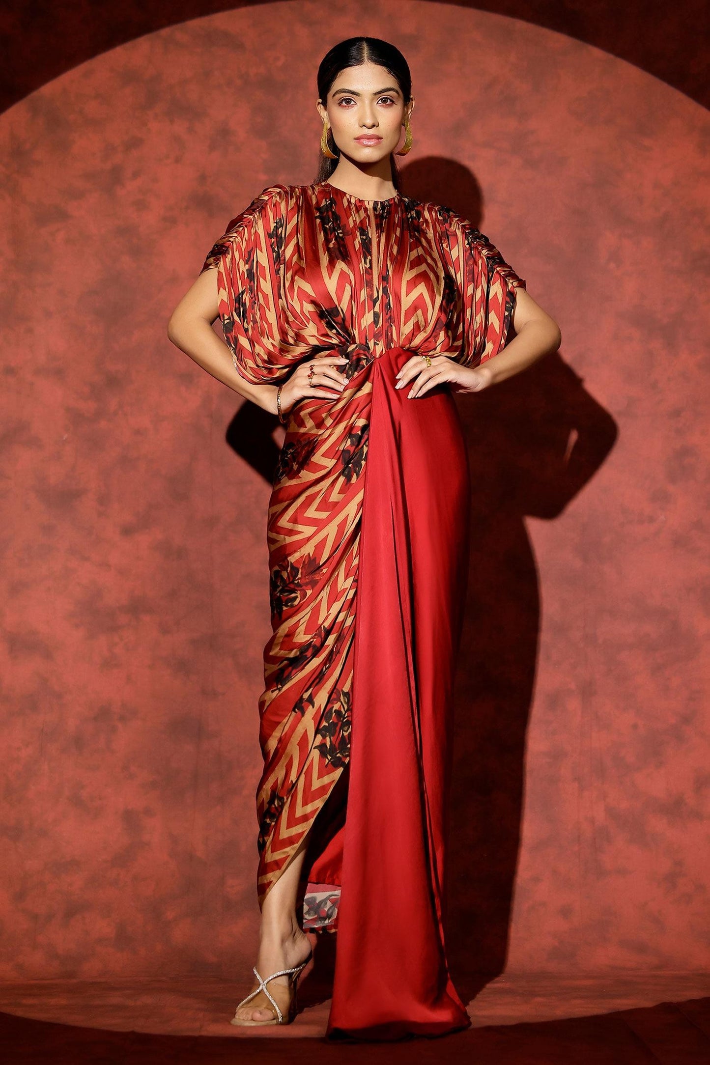 Red Georgette Round Neck Abstract Printed Satin Kaftan - Designer Kurta Set