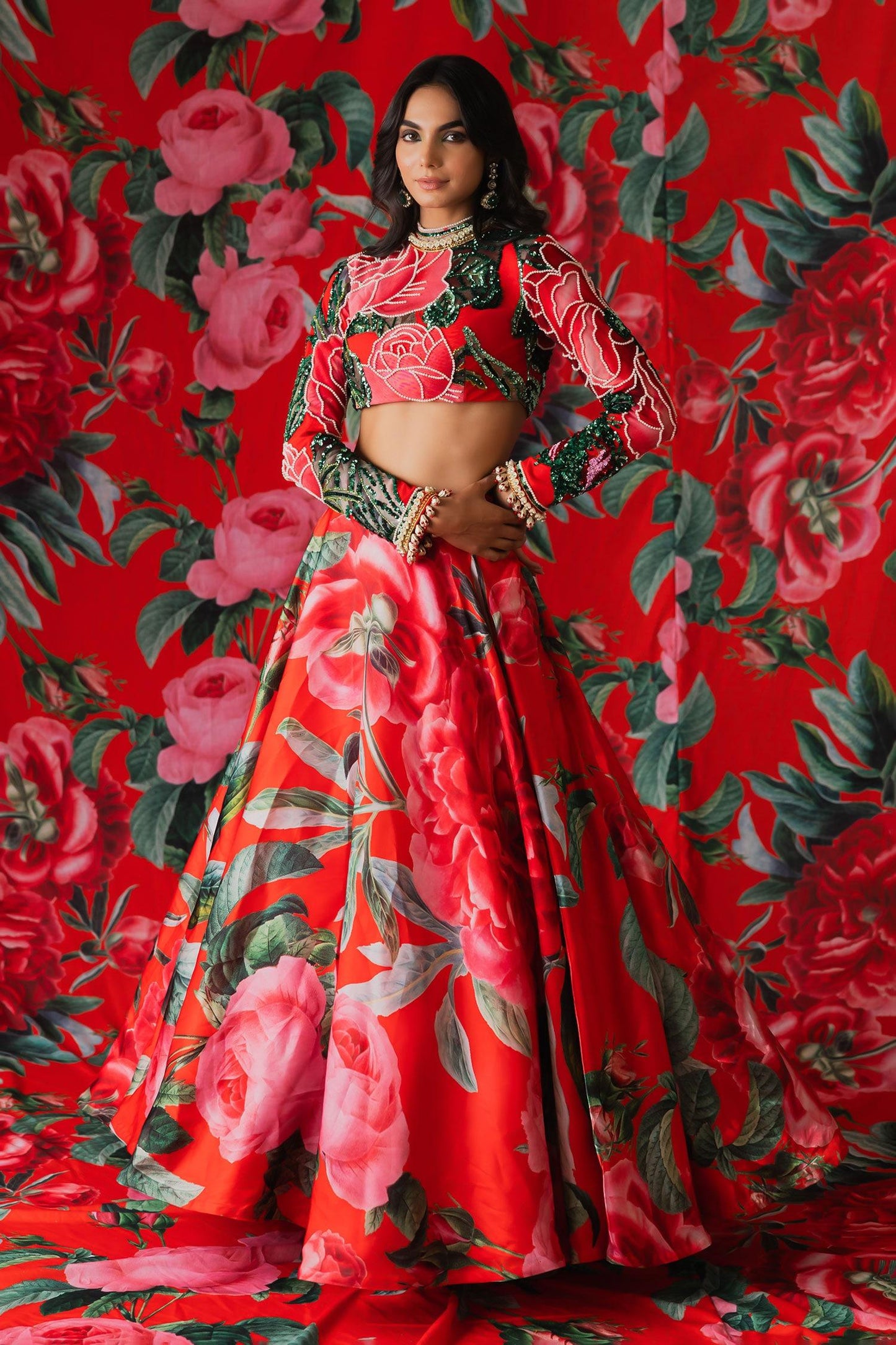 Red Net Sequins High Neck Gulaab Print Lehenga With Blouse - Designer Kurta Set