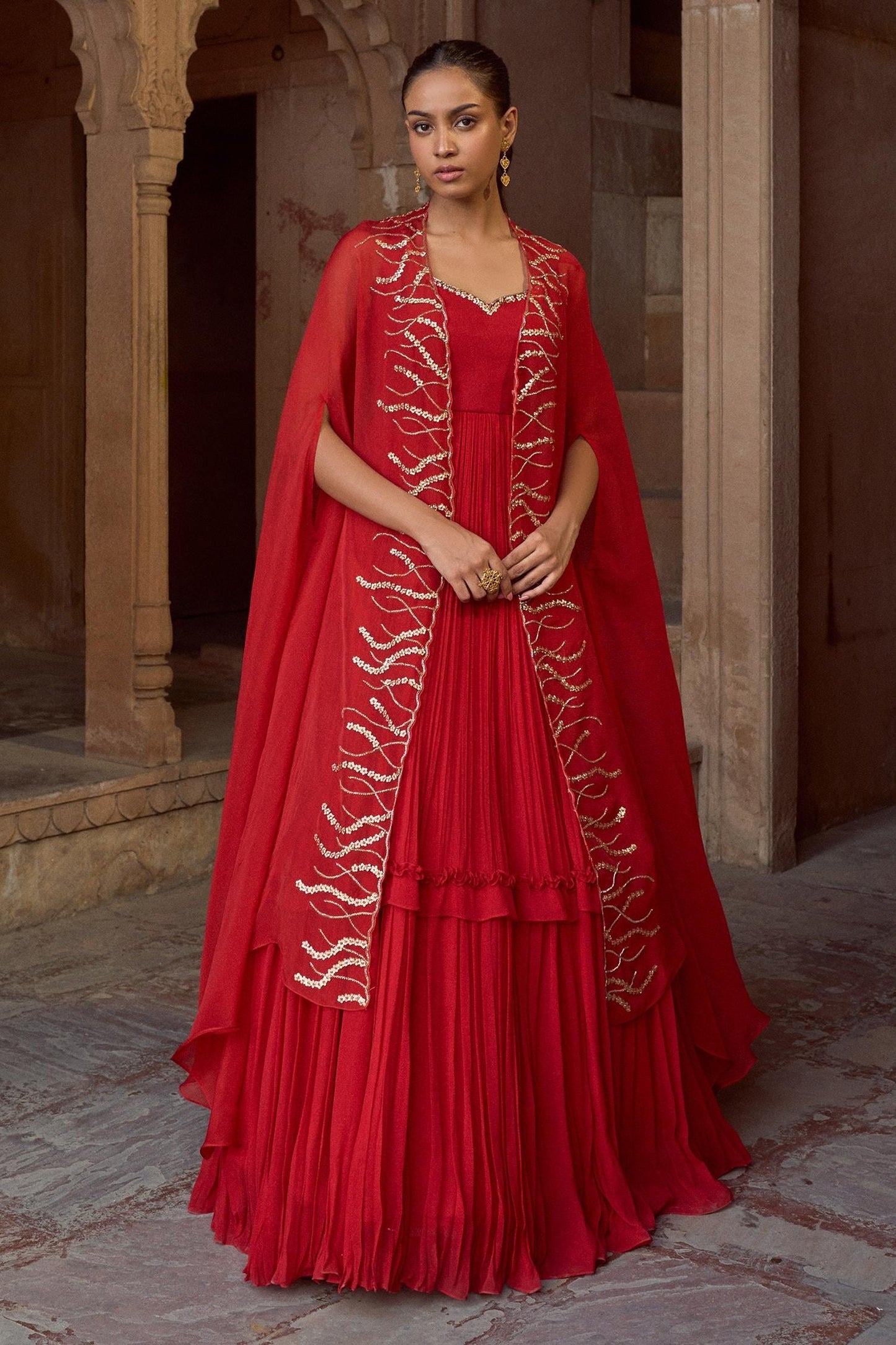 Red Organza, Georgette Embroidery Anarkali With Cape - Designer Kurta Set