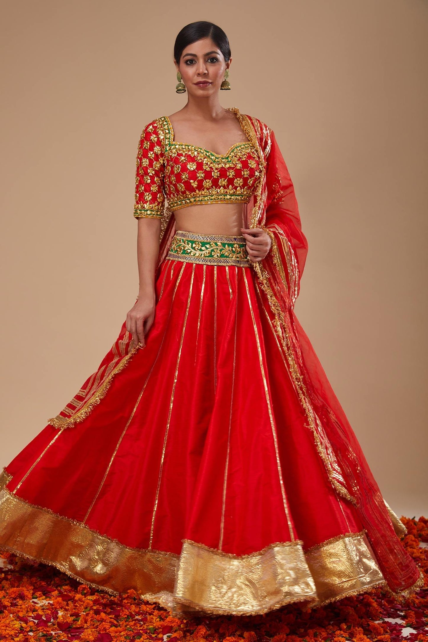 Red Organza Sequins, Embroidery, Gota Patti Round Neck Work Lehenga Set - Designer Kurta Set
