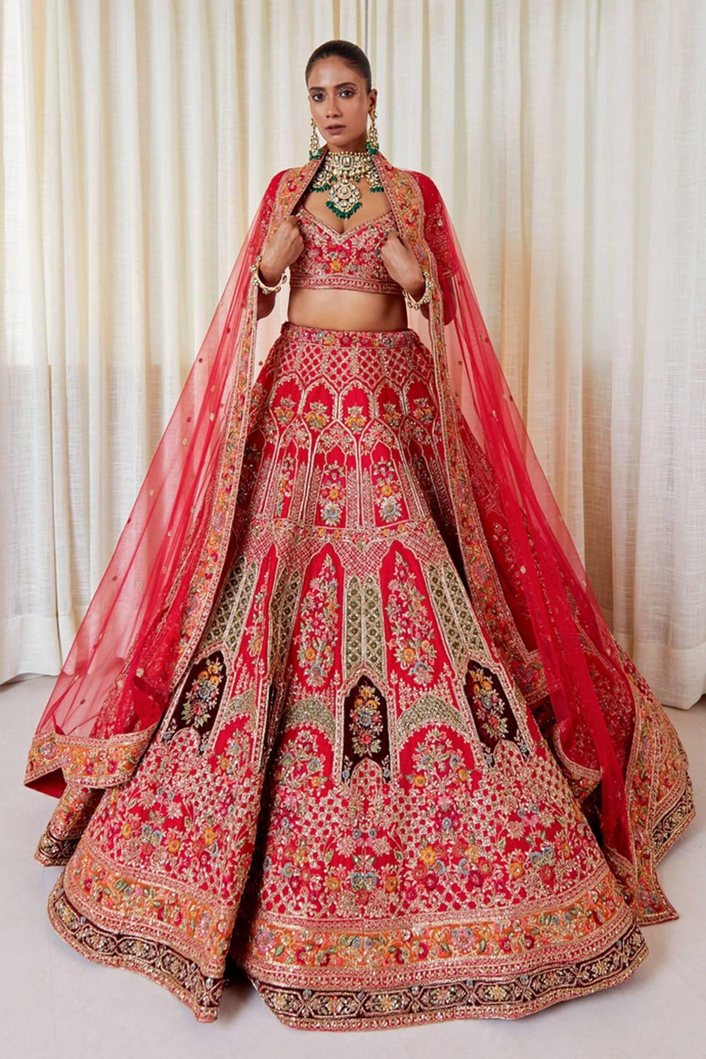 Red Silk Beads, Sequins Sweetheart Neck Zardozi Embroidered Lehenga Set - Designer Kurta Set