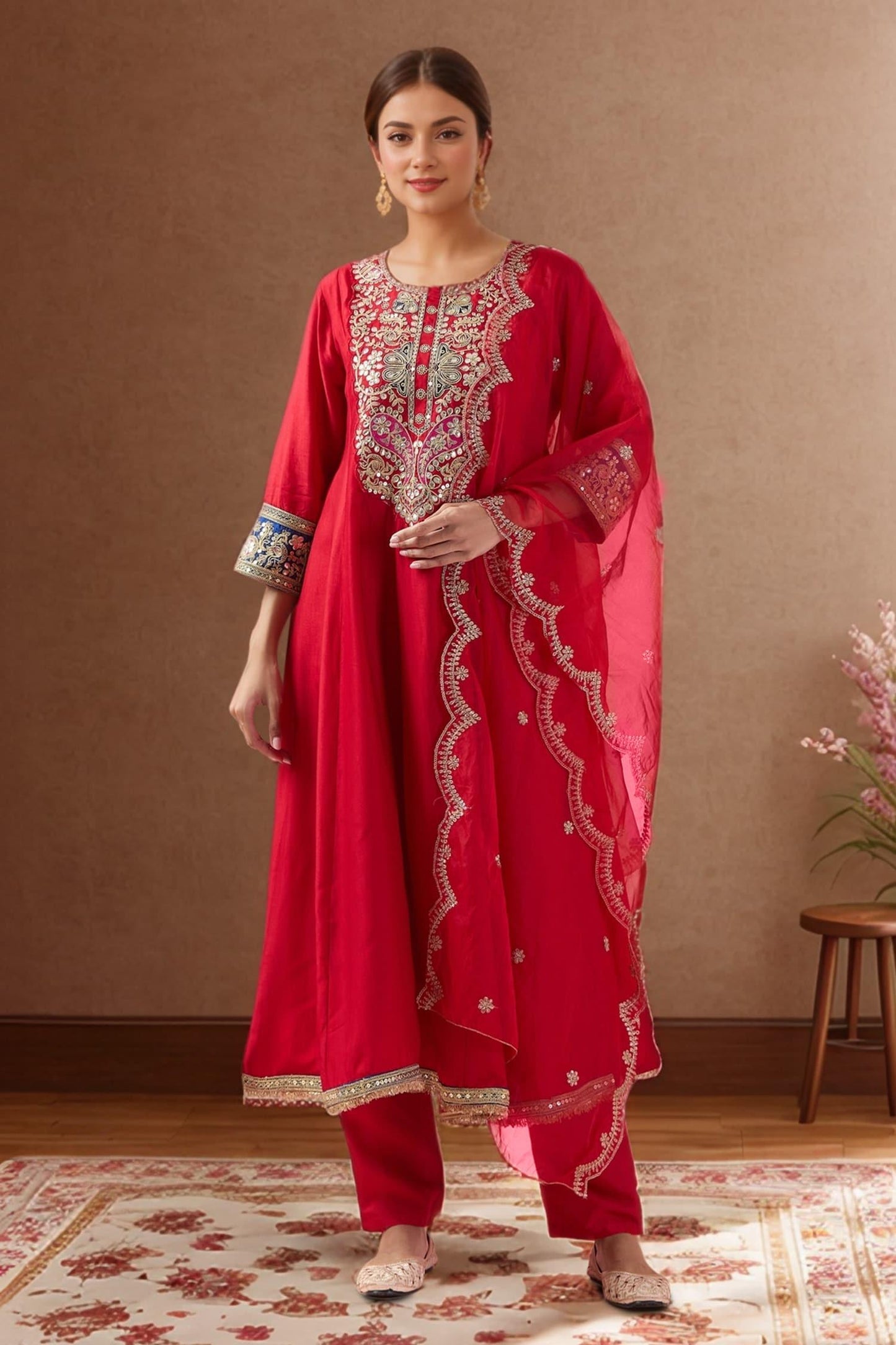 Red Silk, Organza, Cotton Embroidery, Gota Patti Round Neck Anarkali Set - Designer Kurta Set