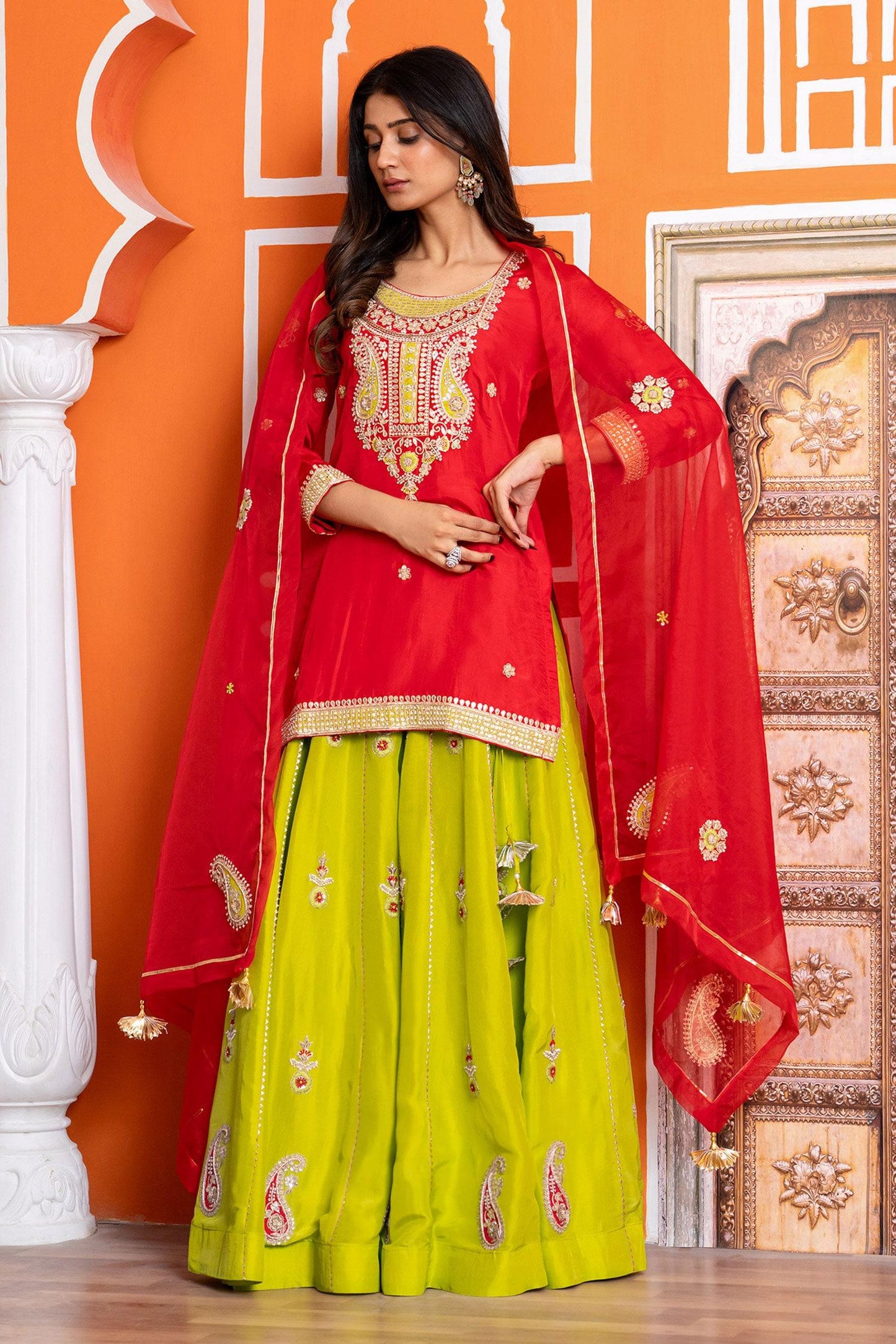 Red Silk, Organza Sequins, Embroidery Round Neck Lehenga Kurta Set - Designer Kurta Set