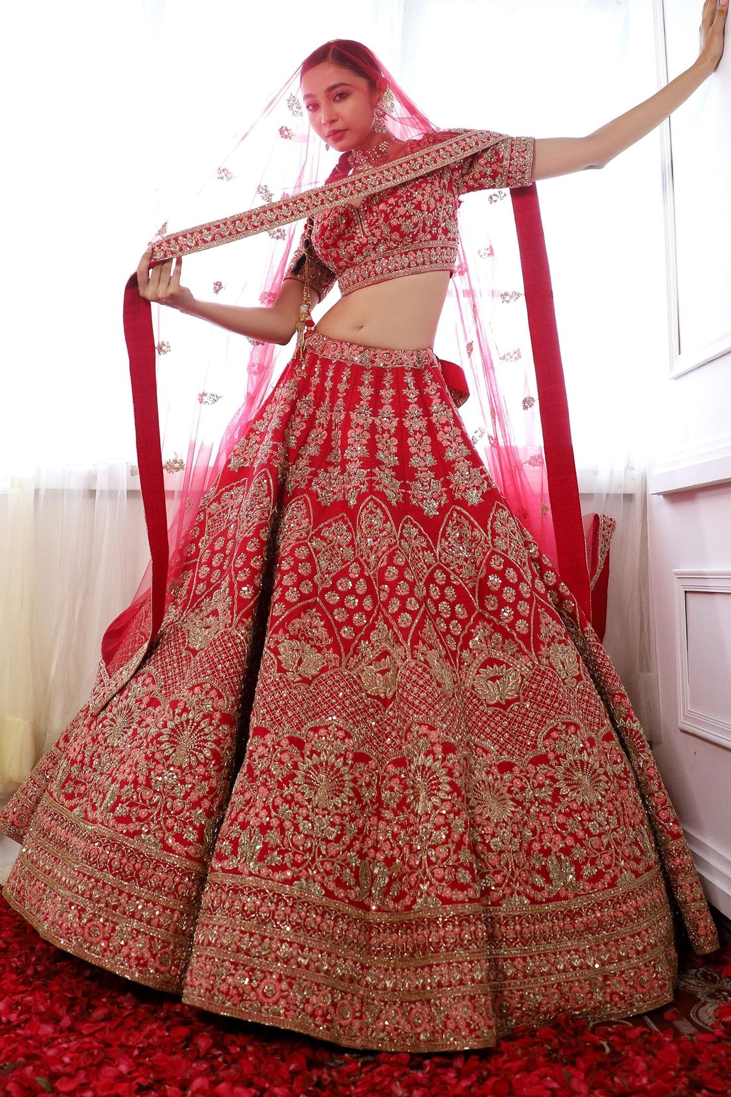 Red Silk, Tulle Embroidery, Sequins, Sahi Mor Botanical Bridal Lehenga Set - Designer Kurta Set