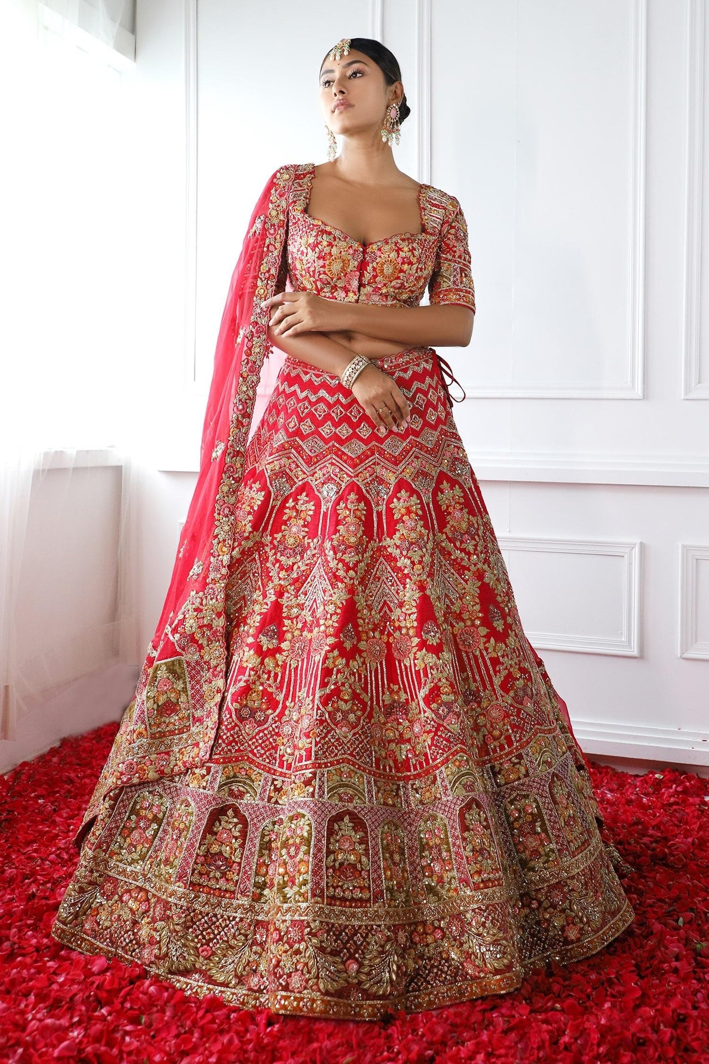 Red Silk, Tulle Embroidery, Zari Sweetheart Neck Roshnara Bridal Lehenga Set - Designer Kurta Set