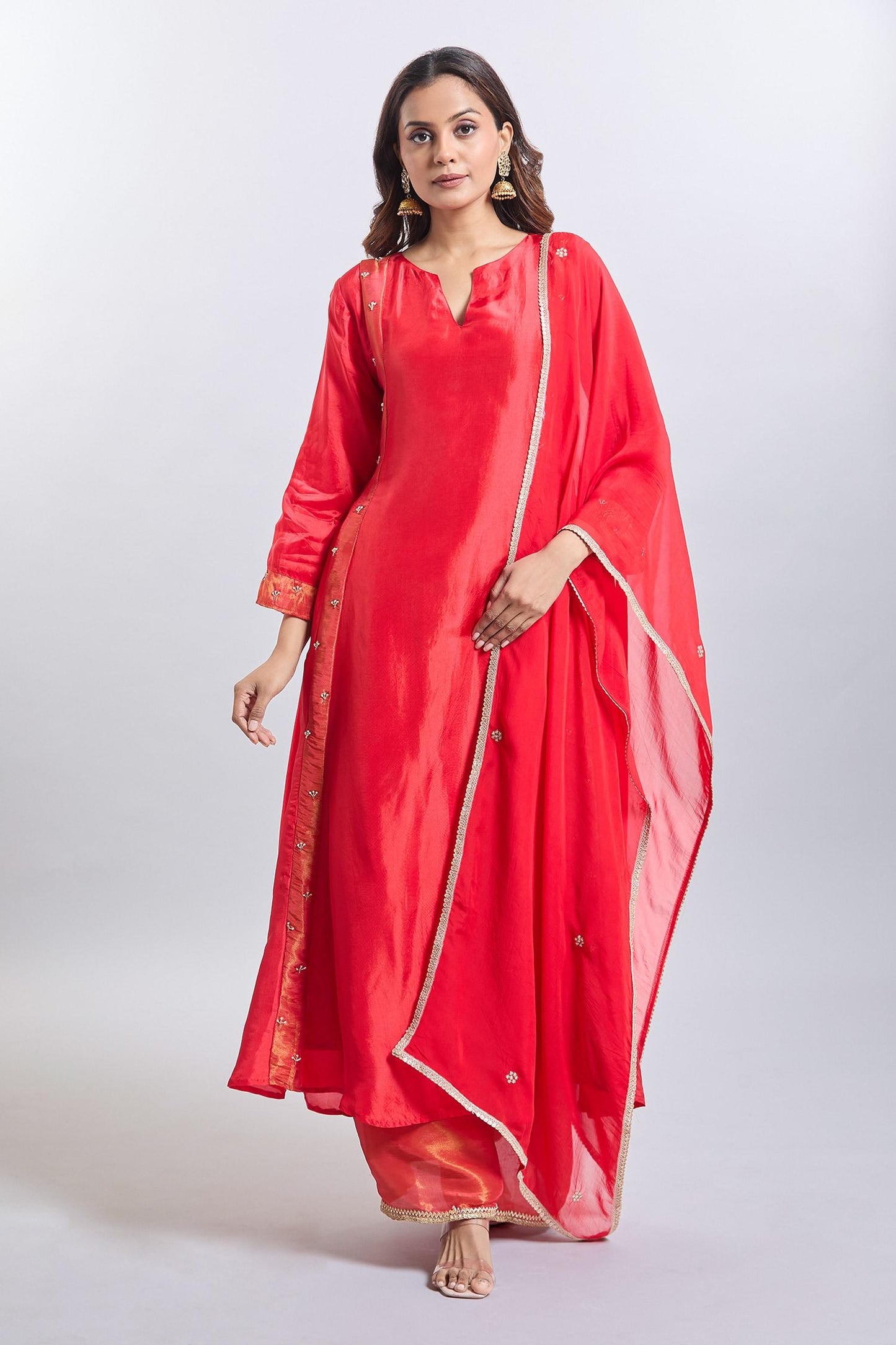 Red Tissue Embroidery V-neck Upada Silk Anarkali Set - Designer Kurta Set