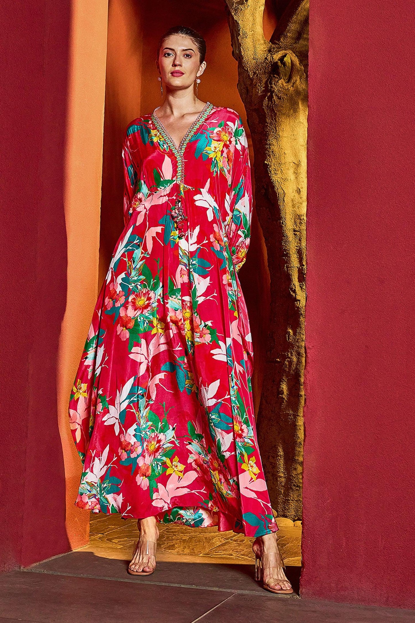 Red Viscose, Crepe Tassels V-neck Blossom Petal Print Kaftan - Designer Kurta Set