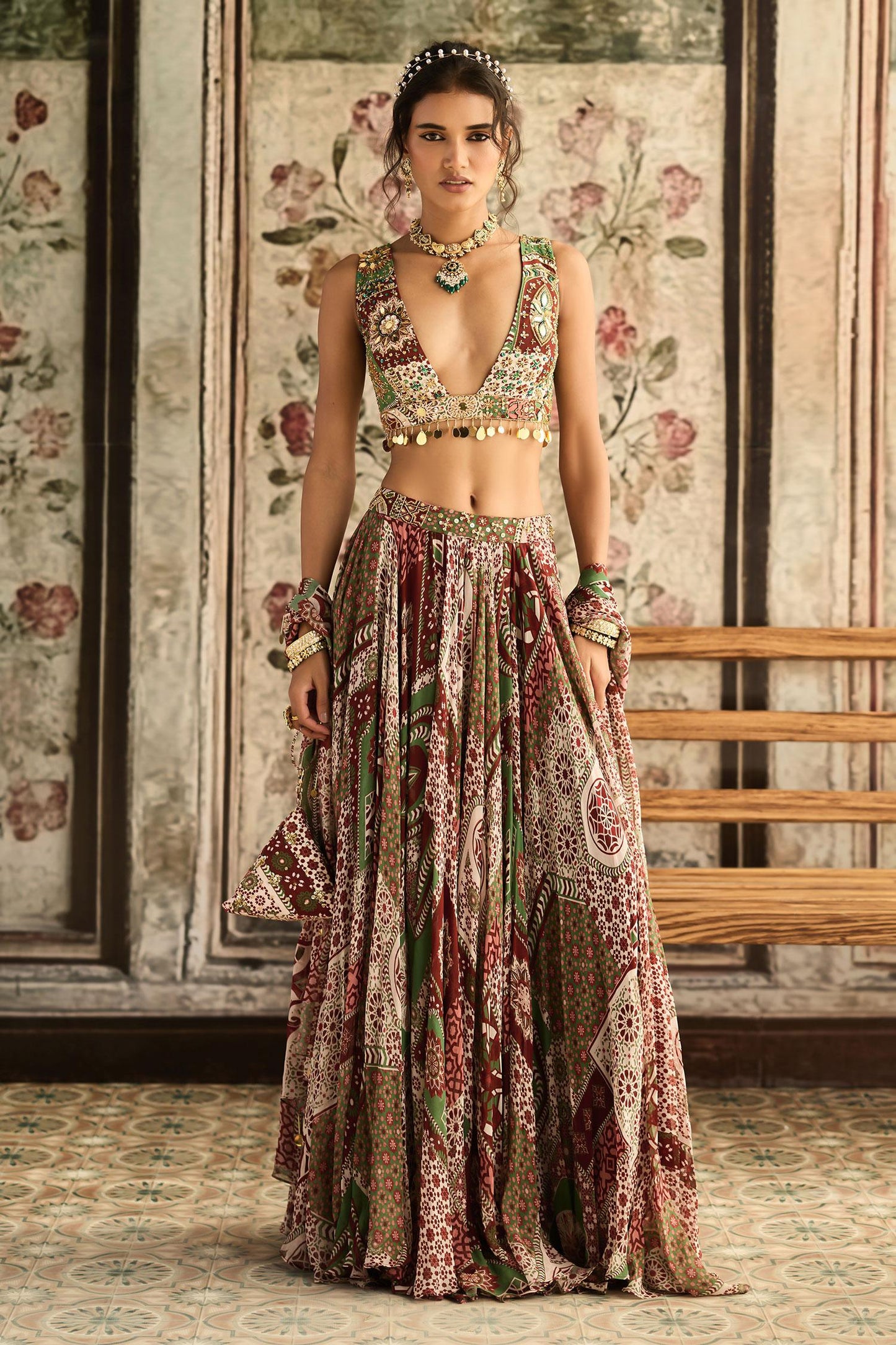 Sapphire Crepe, Georgette Sequins, Sage Green And Maroon Designer Lehenga Set - Designer Kurta Set