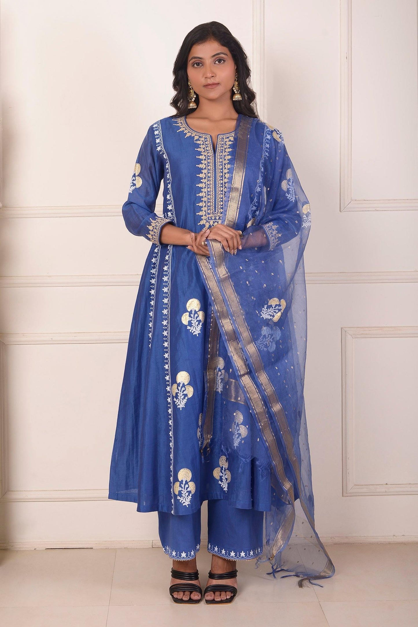 Sky Blue Chanderi, Cotton, Mughal Floral Block Print Anarkali Palazzo Set - Designer Kurta Set