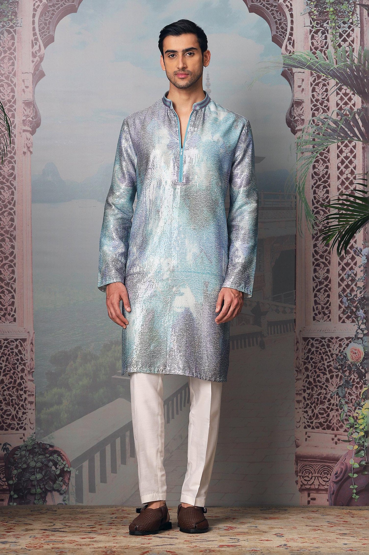 Kurta Set Sky Blue Chanderi Silk Sequins Twilight Printed