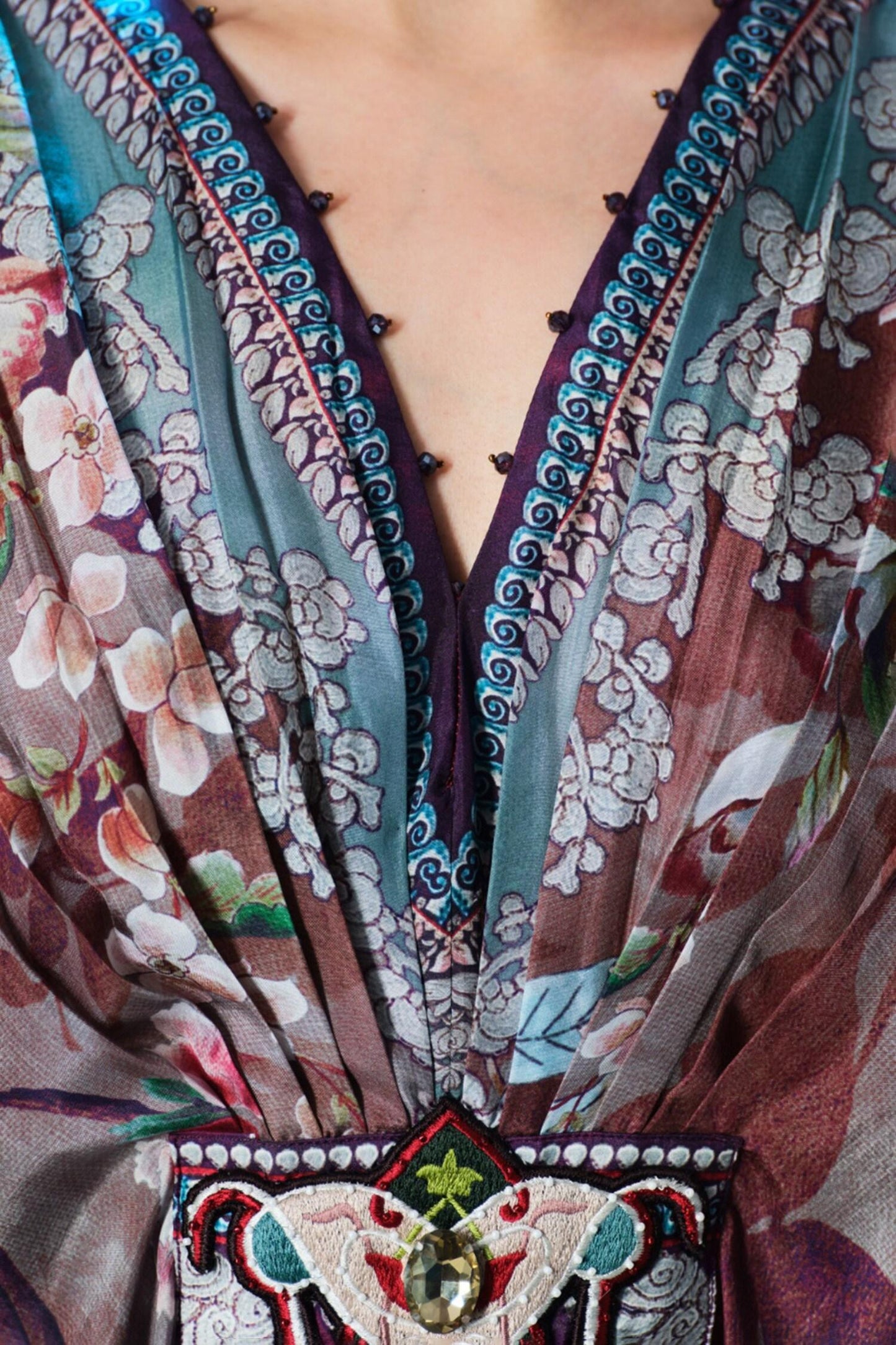 Taupe Silk Embroidery, Pearls Imama V Jewelled Belted Print - Designer Kurta Set