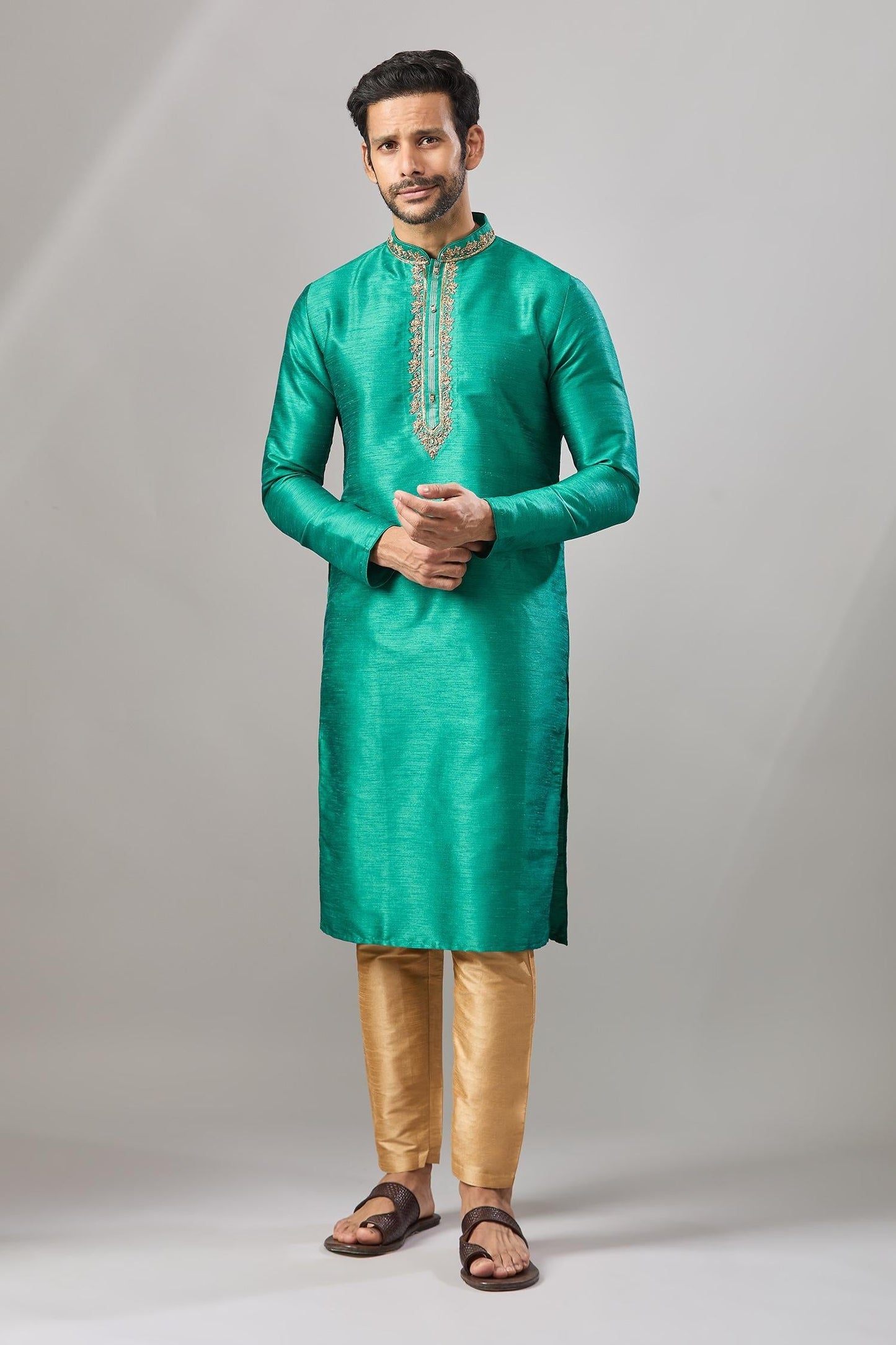 Kurta Set Teal Embroidery Green Plain Banarasi