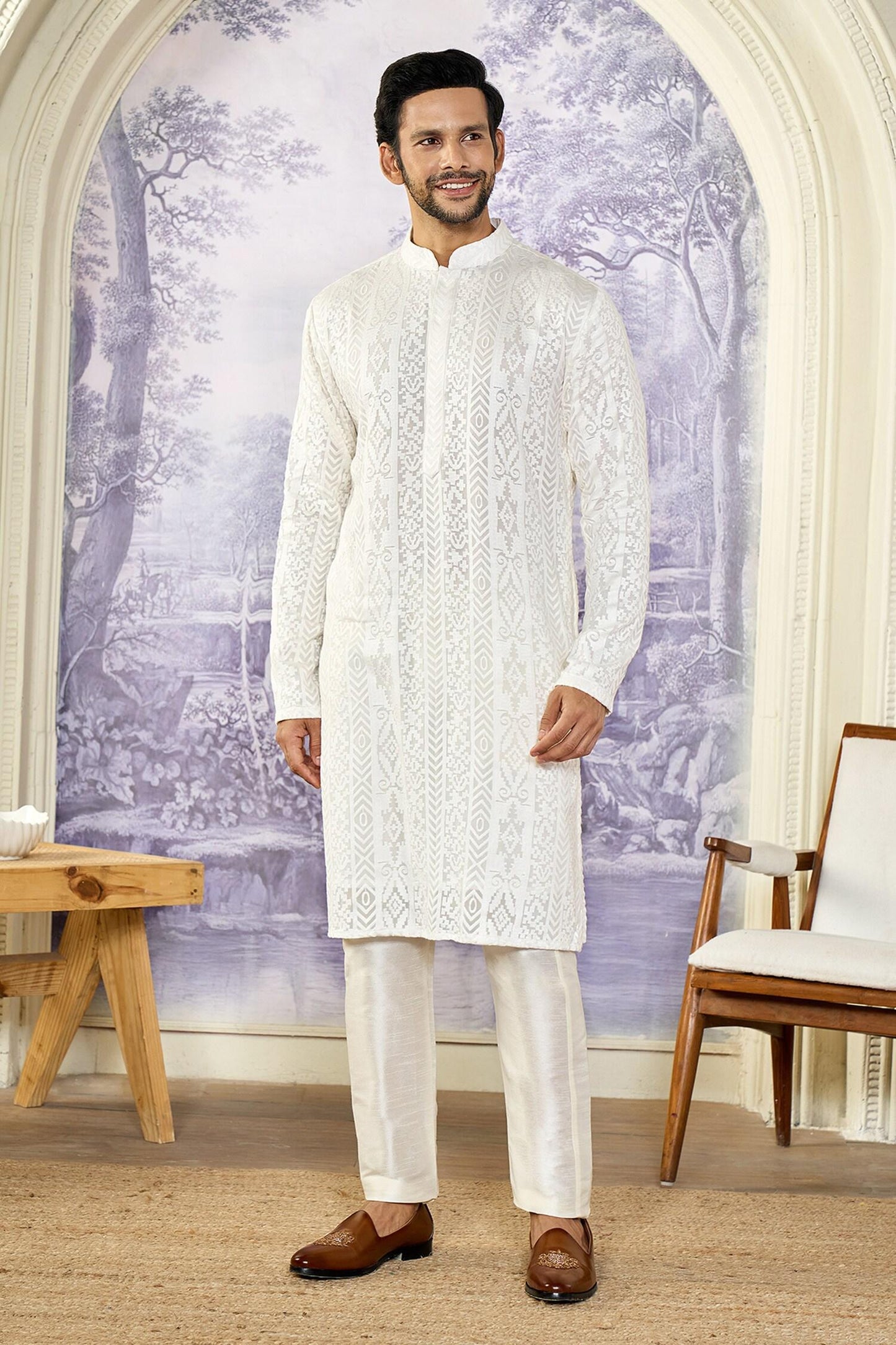 Kurta Set White Georgette Cotton Embroidery Chikankari Thread