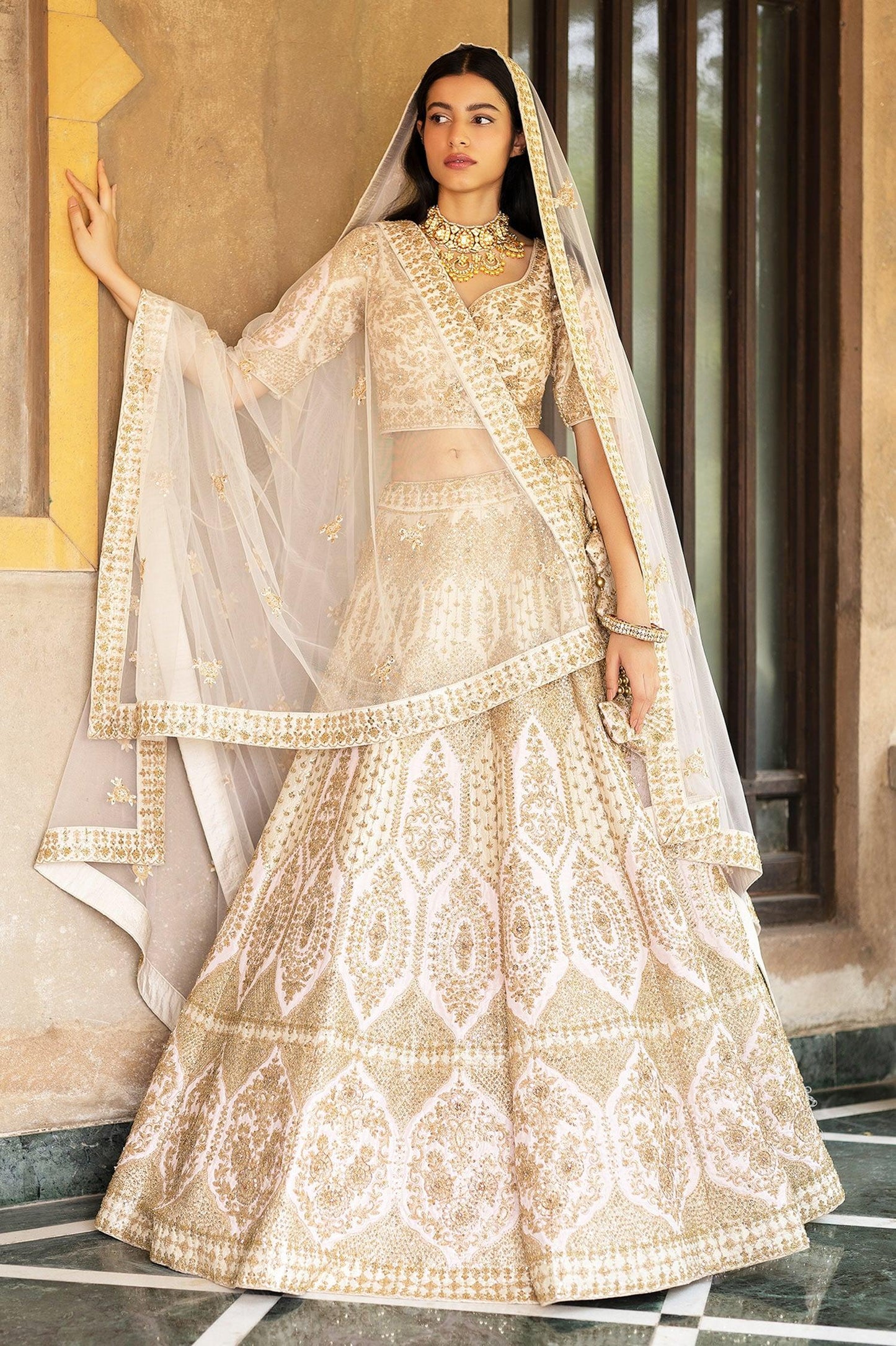 White Leaf Neck Embroidered Bridal Lehenga Set - Designer Kurta Set