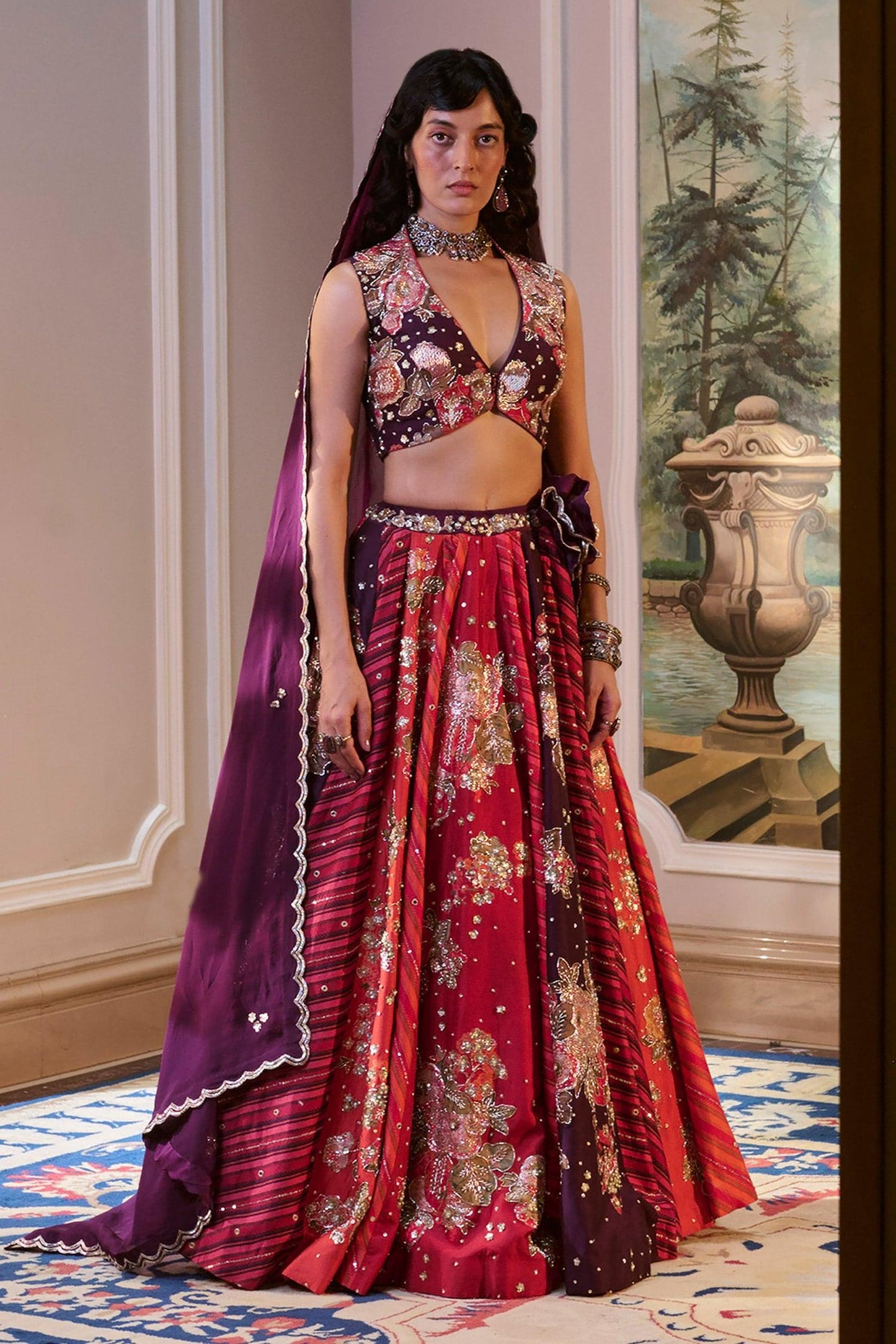 Wine Organza Sequins, Zari V-neck Multi Color Hand Embroidered Lehenga Set - Designer Kurta Set