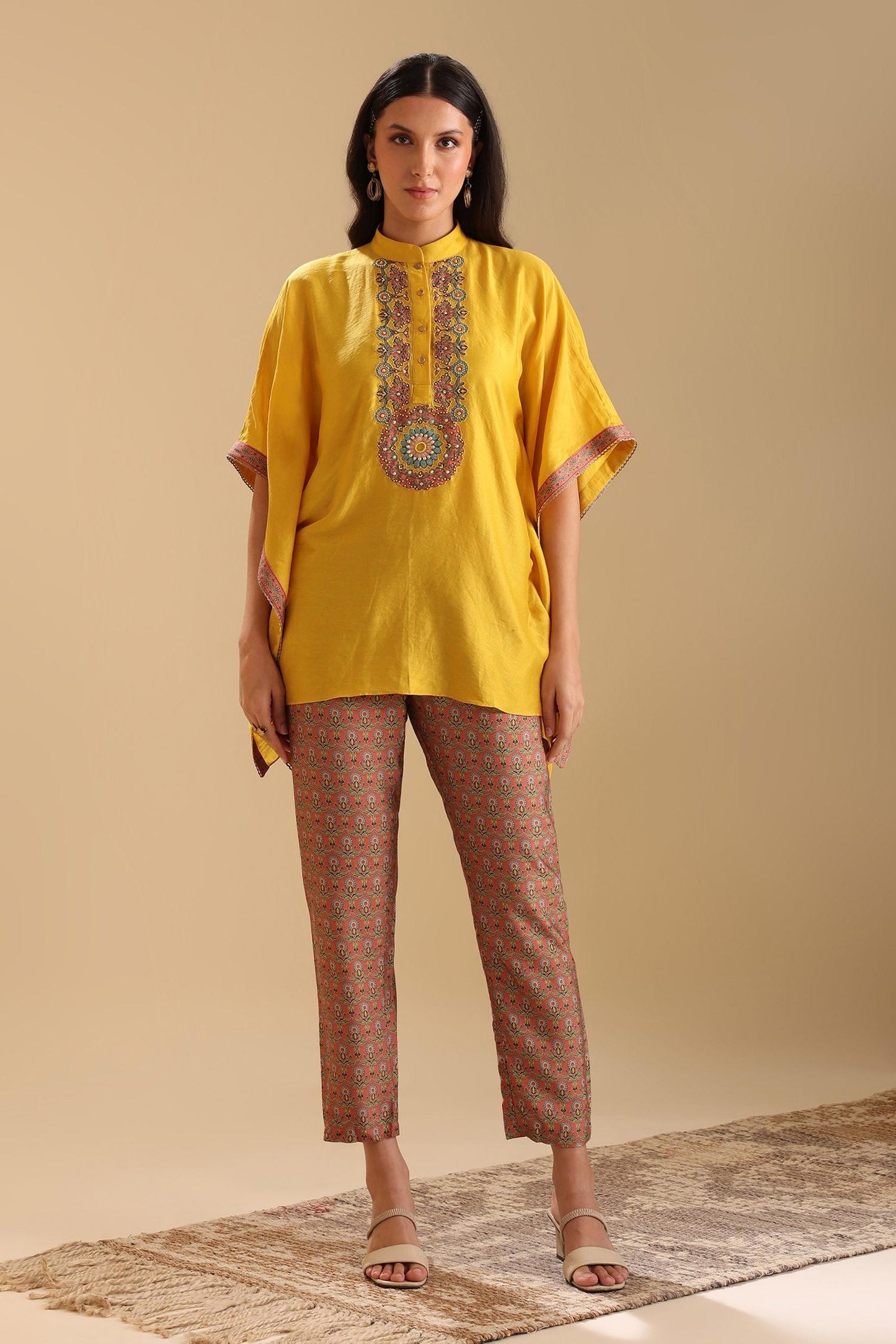 Yellow Chanderi Beads, Embroidery Collared Eraya Placket Kaftan With Pant - Designer Kurta Set
