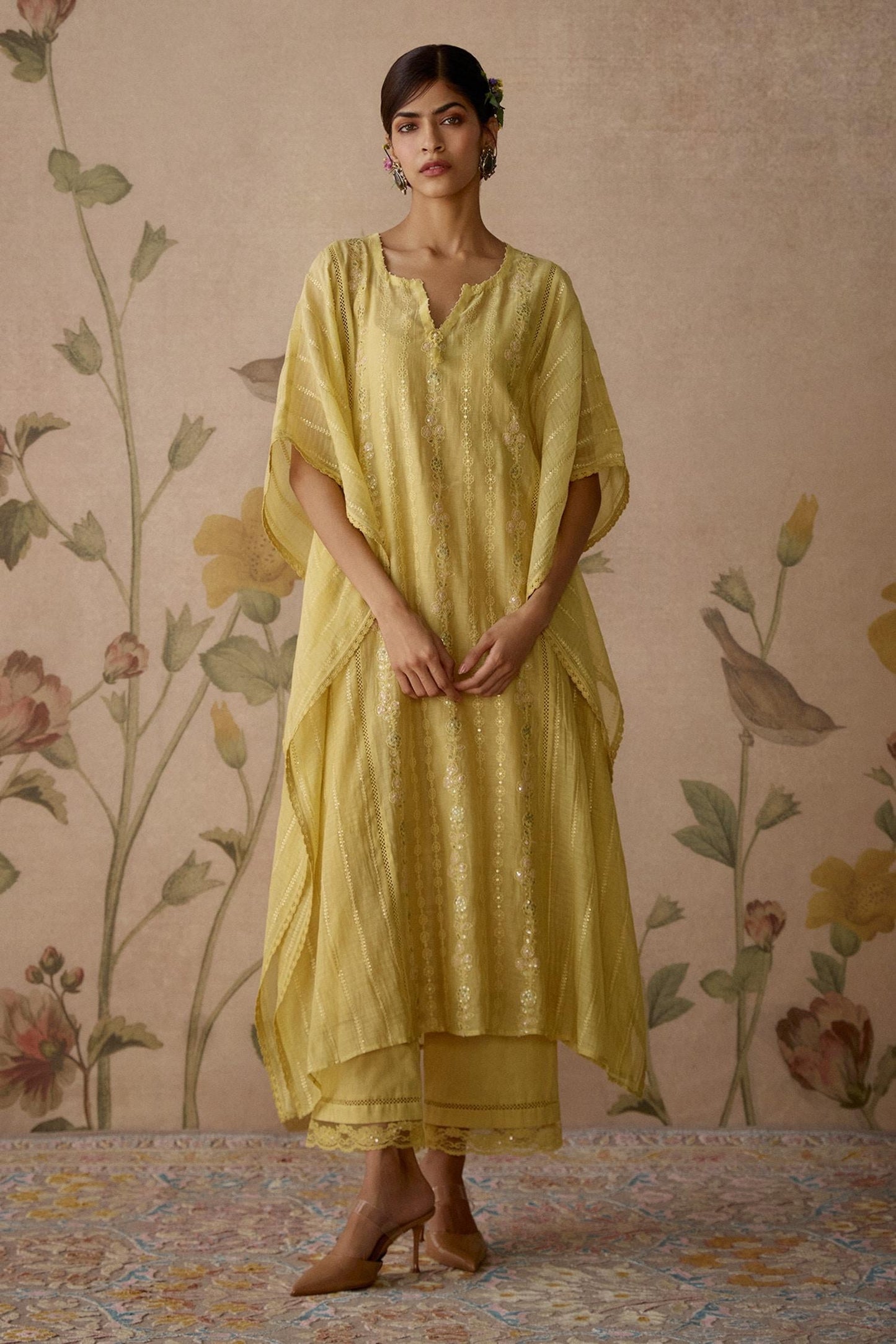 Yellow Chanderi, Cotton Embroidery, Lace Split V-neck Hand Kaftan And Pant Set - Designer Kurta Set