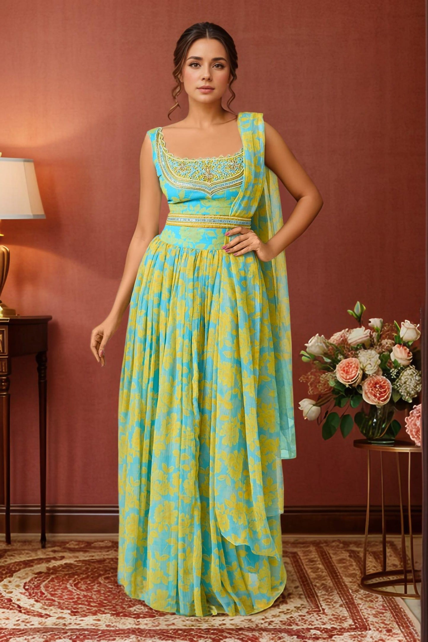 Yellow Chiffon Cut Work, Beads, Pearls Scoop Neck Floral Print Lehenga Set - Designer Kurta Set