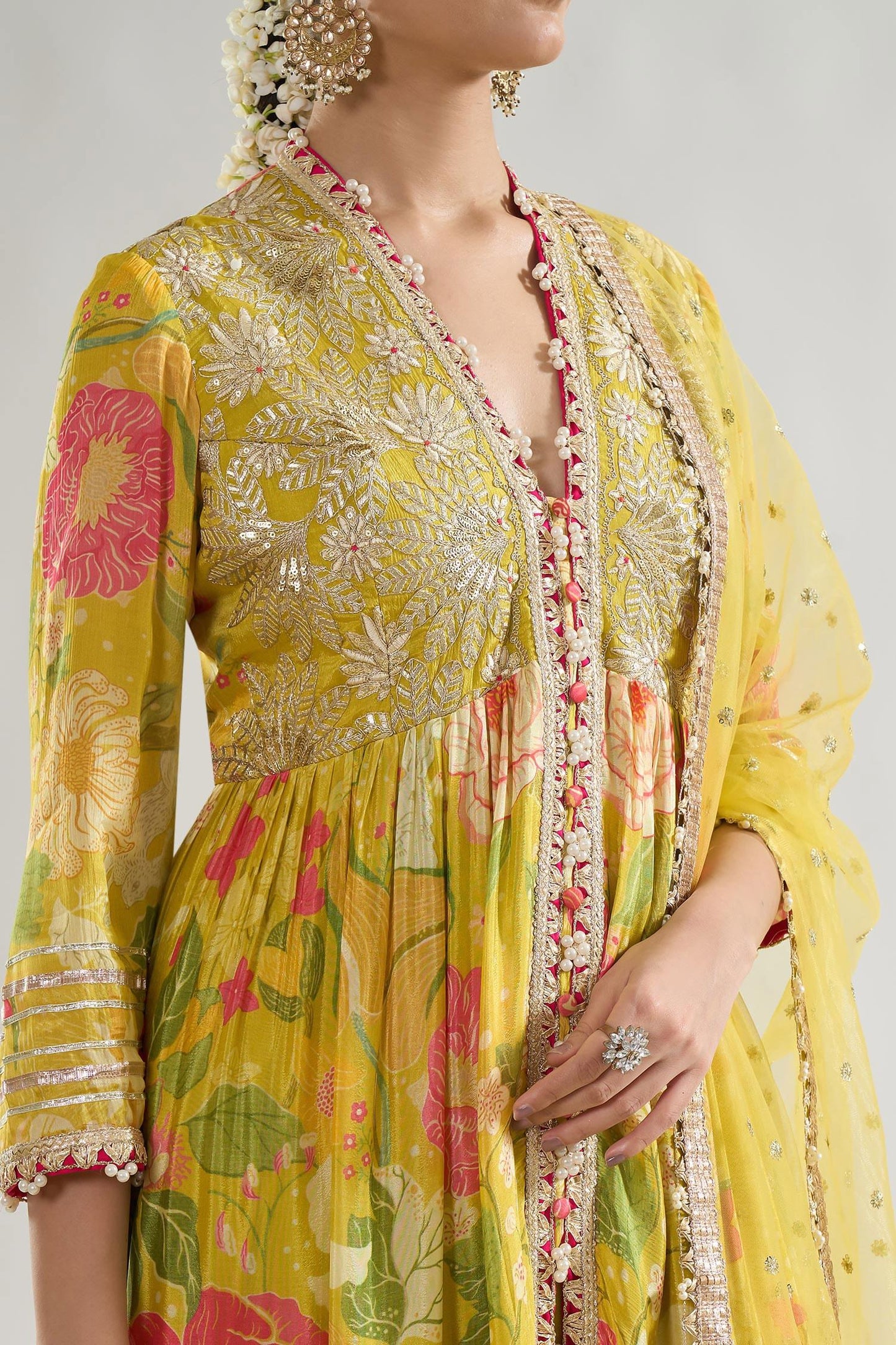 Yellow Chiffon, Net, Linen, Satin Embroidery, Huma Bodice Anarkali Palazzo Set - Designer Kurta Set