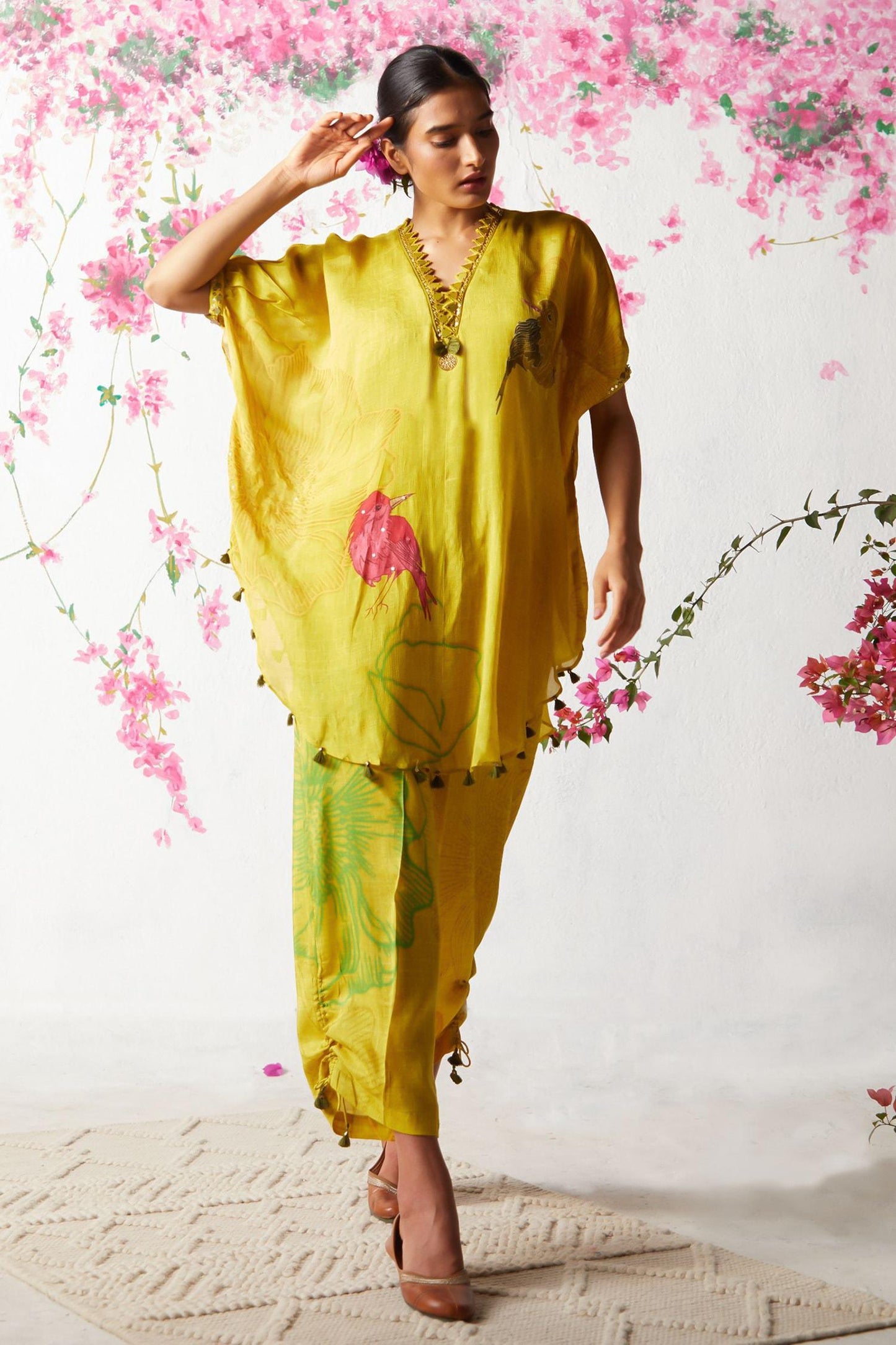Yellow Chiffon Sequins V-neck Floral Print Kaftan And Pant Set - Designer Kurta Set