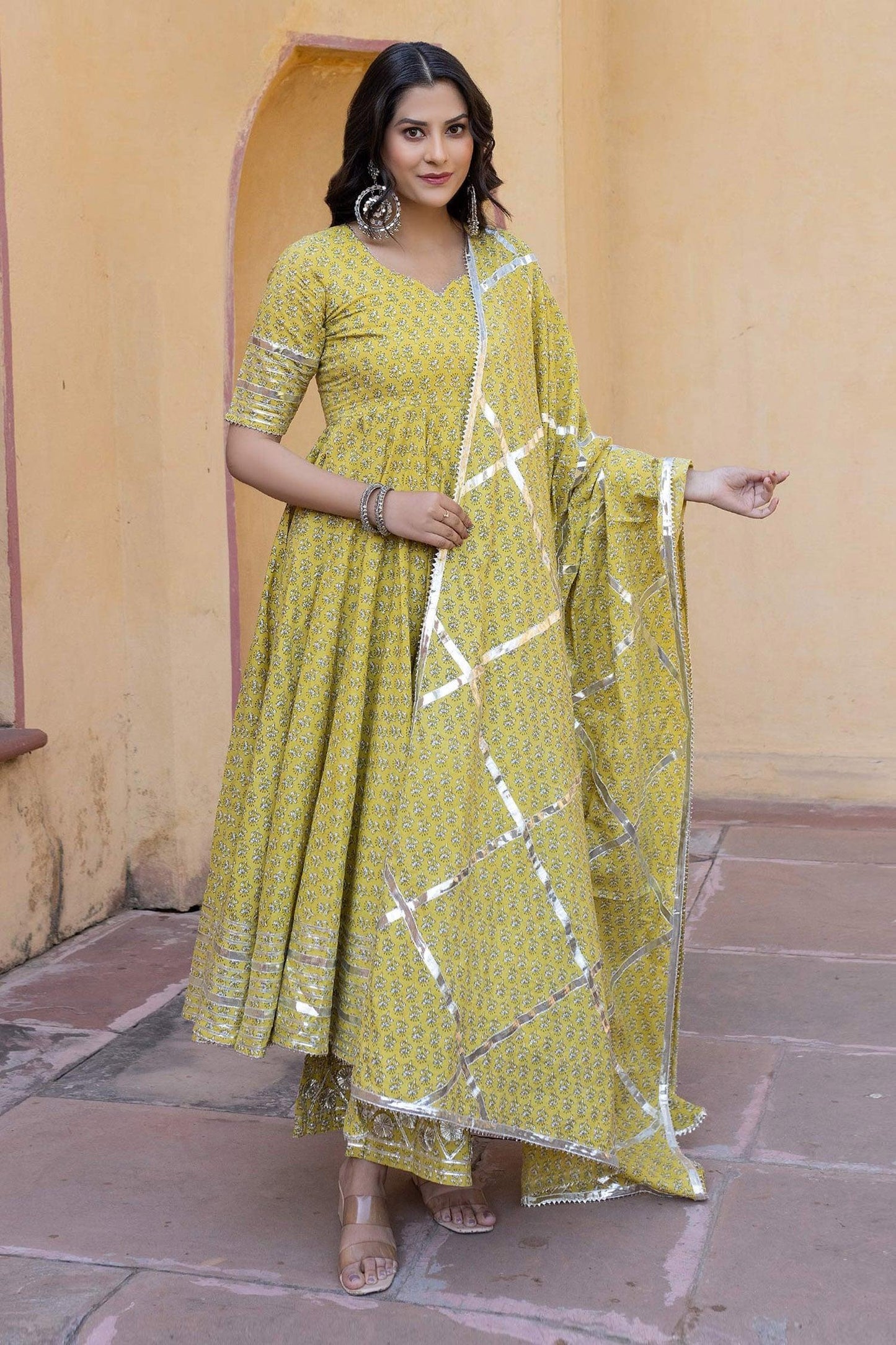 Yellow Cotton Gota Patti, Embroidery V-neck Floral Print Anarkali Set - Designer Kurta Set