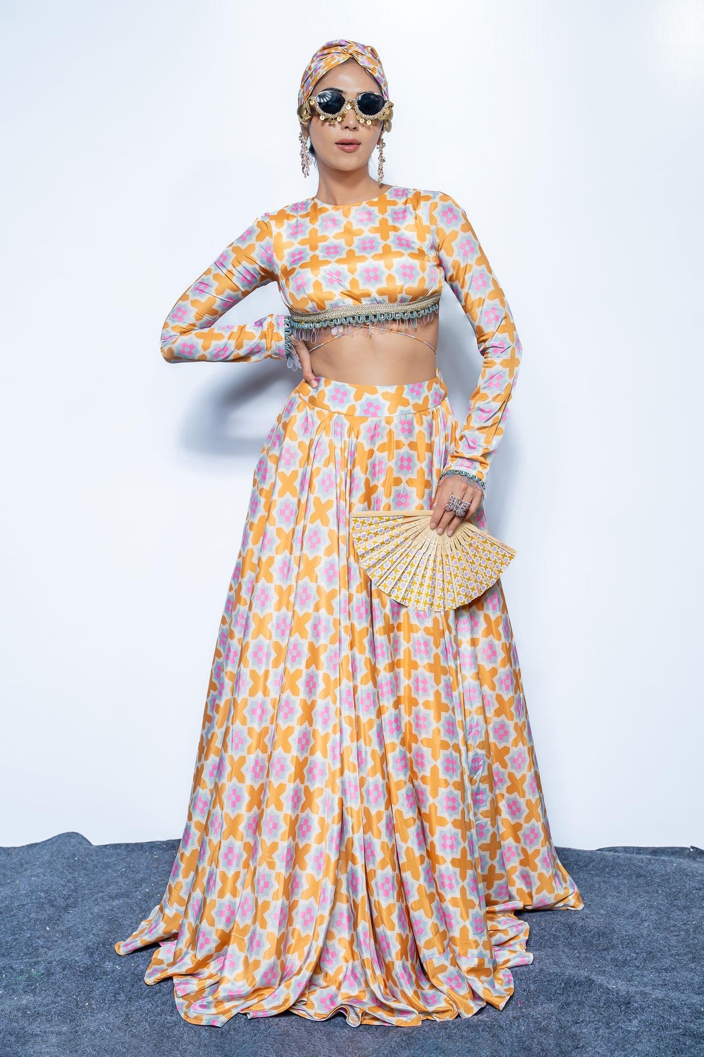 Yellow Crepe Beads Round Neck Sunset Lehenga Set - Designer Kurta Set