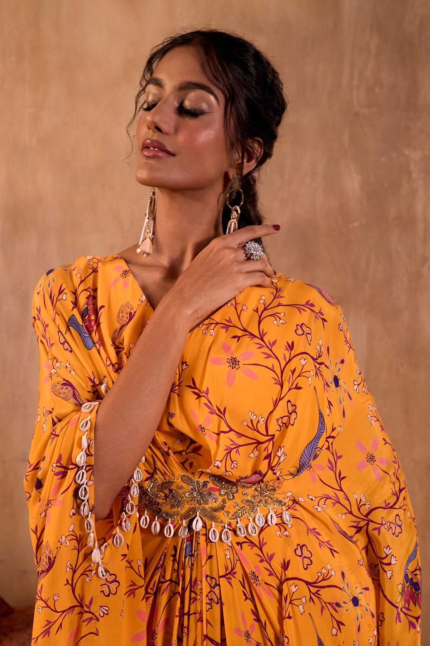 Yellow Crepe V-neck Floral Print Draped Kaftan - Designer Kurta Set