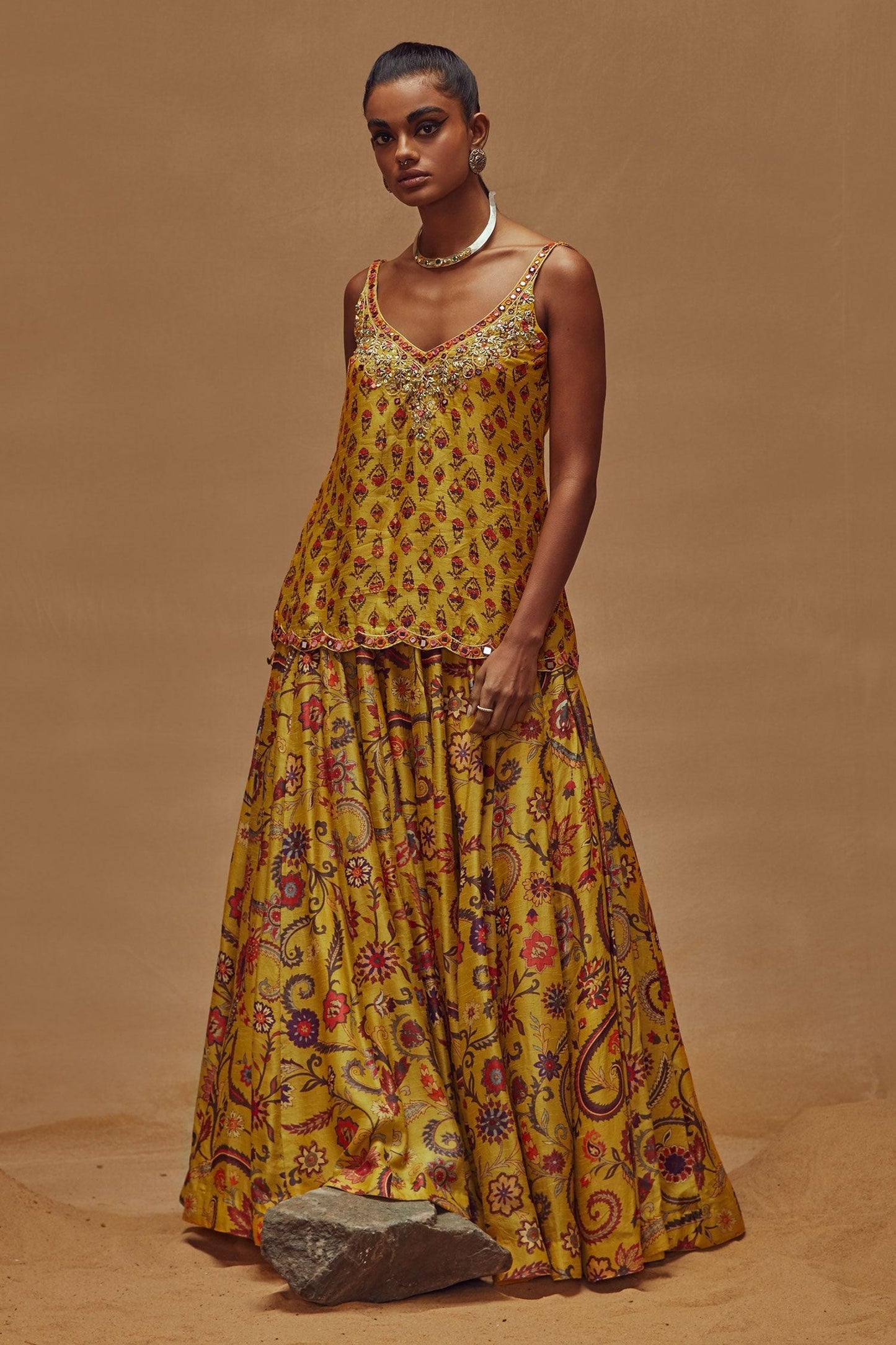 Yellow Dupion Silk Anchor Threads, Dori Work, Floral Print, Kurta And Lehenga Set - Designer Kurta Set