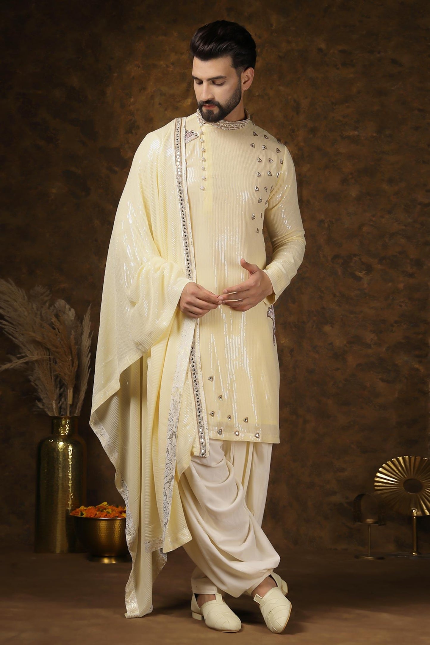 Kurta Set Yellow Georgette Sequins Mirrors Embellished