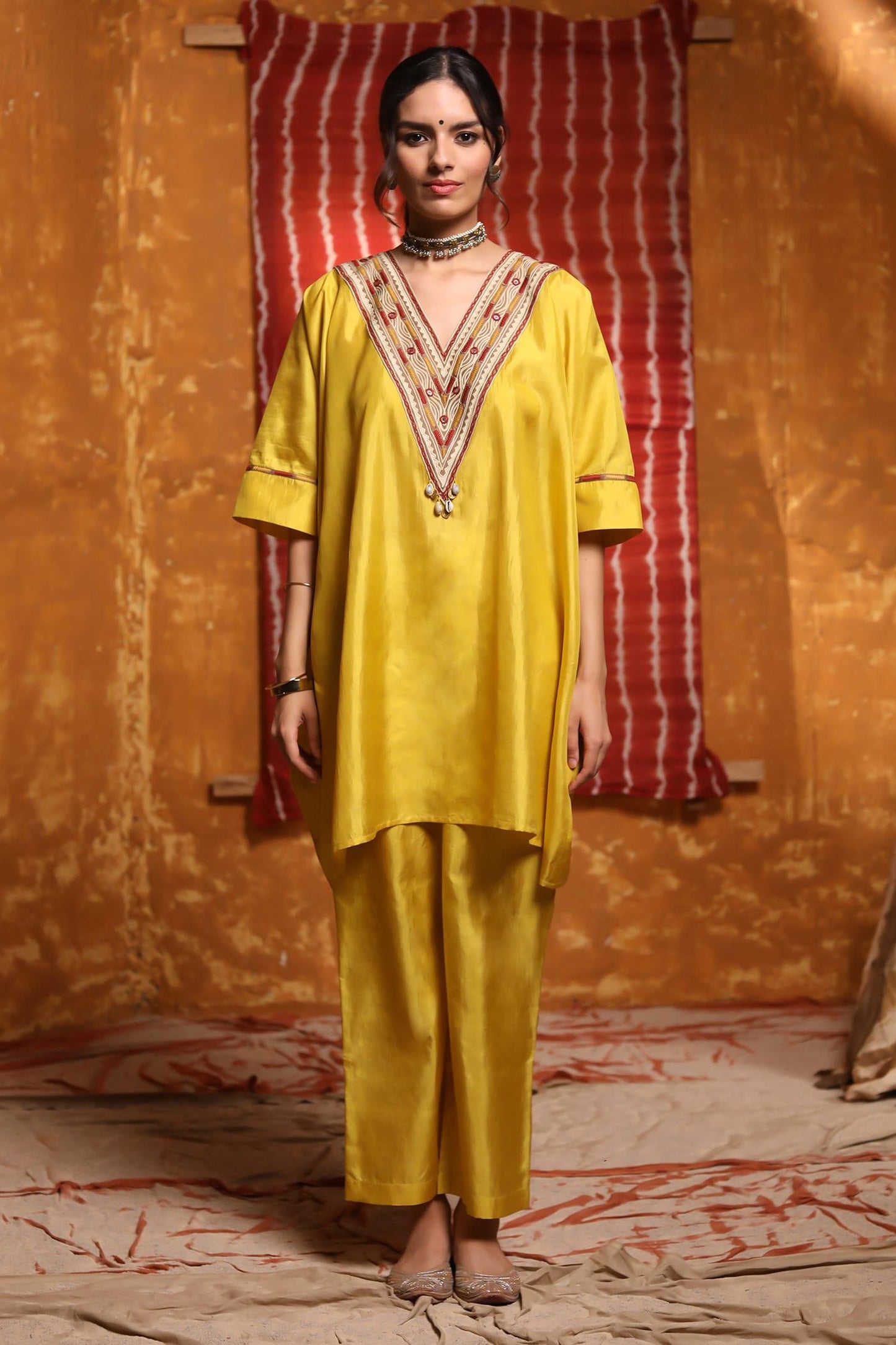 Yellow Handloom Cotton Mirrors, Embroidery V-neck Thread Yoke Kaftan And Pant Set - Designer Kurta Set