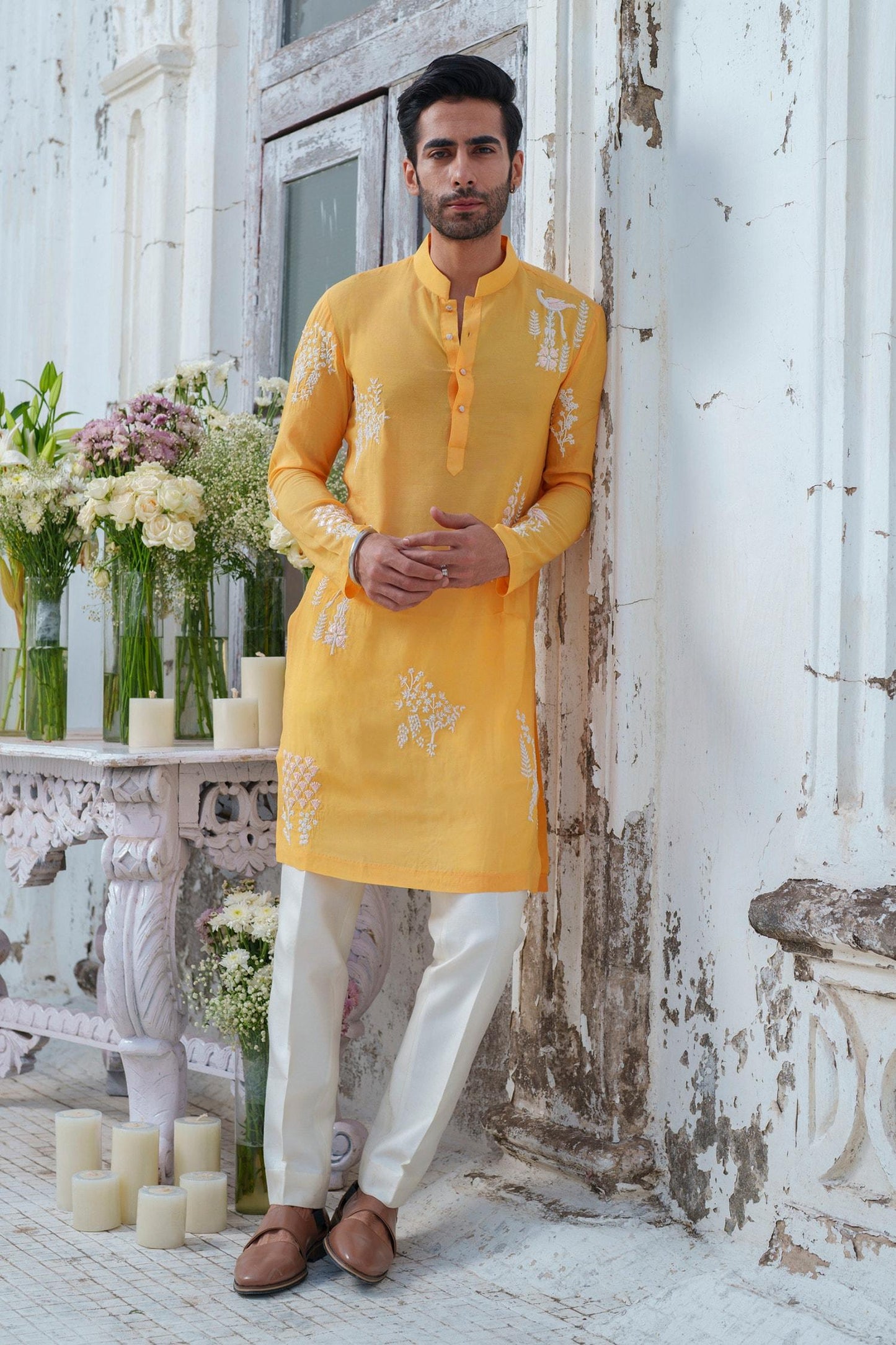 Kurta With Trouser Yellow Muslin Cotton Silk Embroidery Royal Peacock