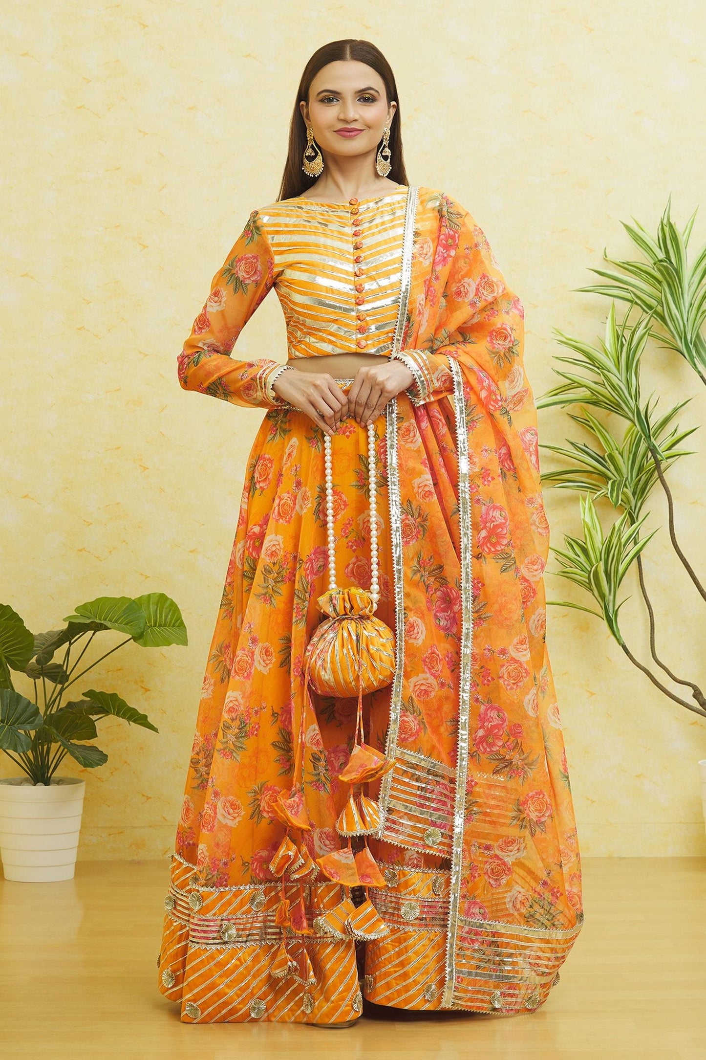 Yellow Organza Gota Patti Round Neck Striped Lehenga Set - Designer Kurta Set