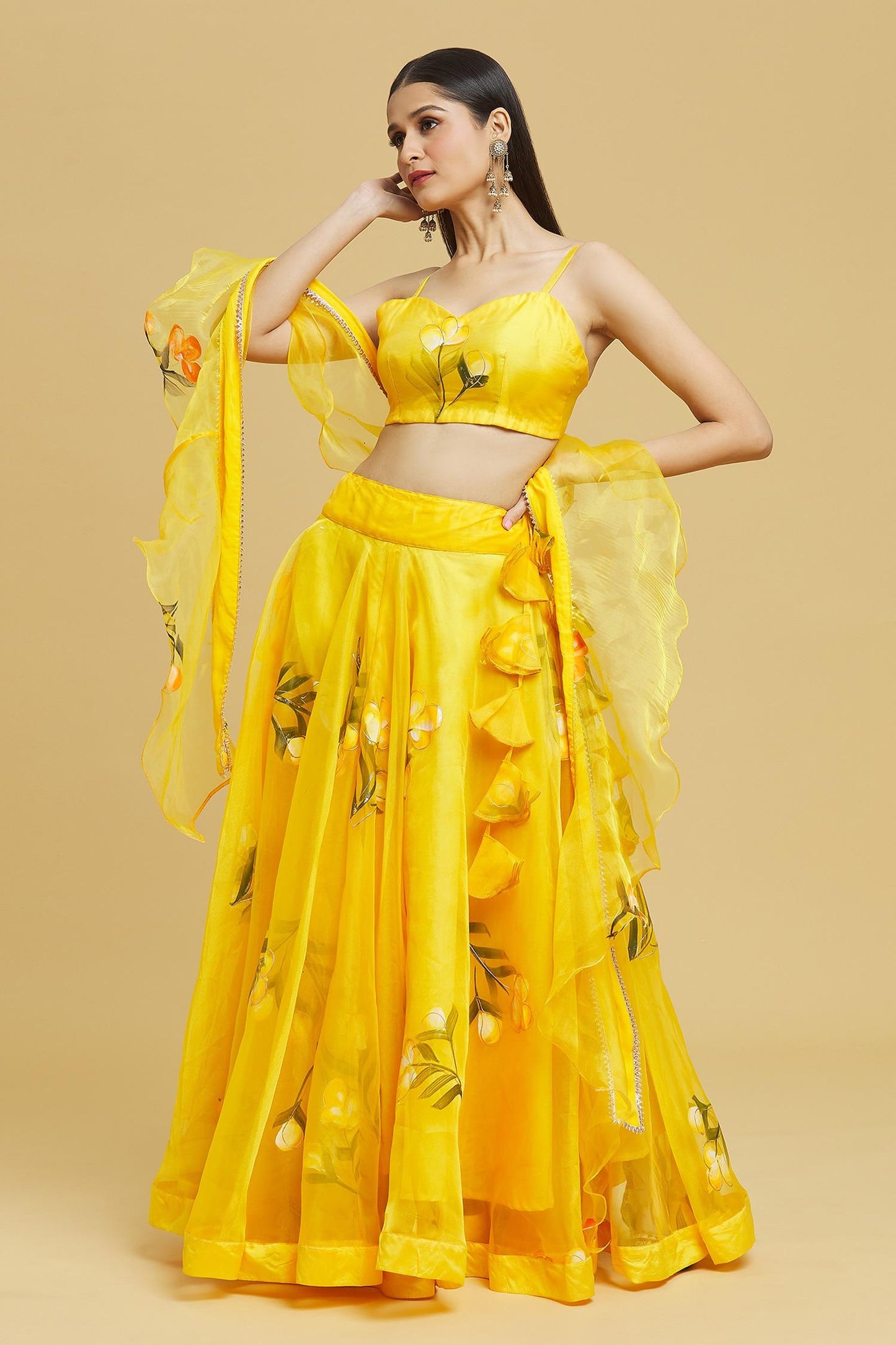 Yellow Organza Gota Patti Sweetheart Neck Tulip Brush Print Lehenga Set - Designer Kurta Set