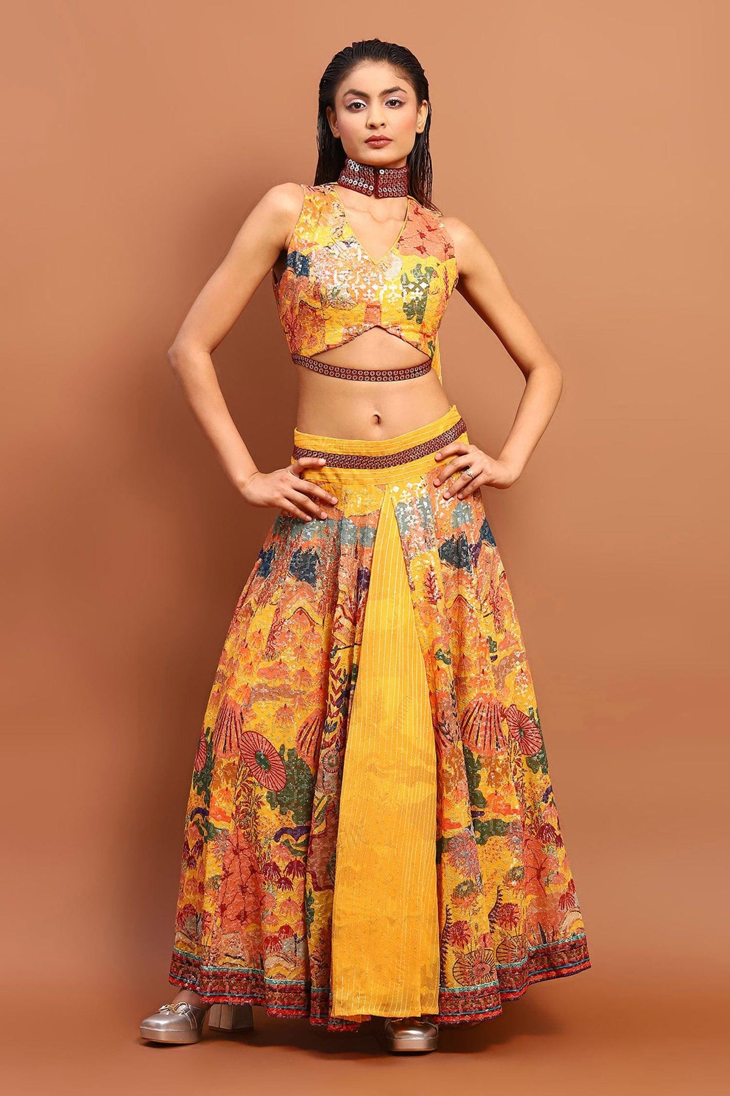 Yellow Satin Sequins V-neck Abstract Print Skirt Set - Designer Kurta Set